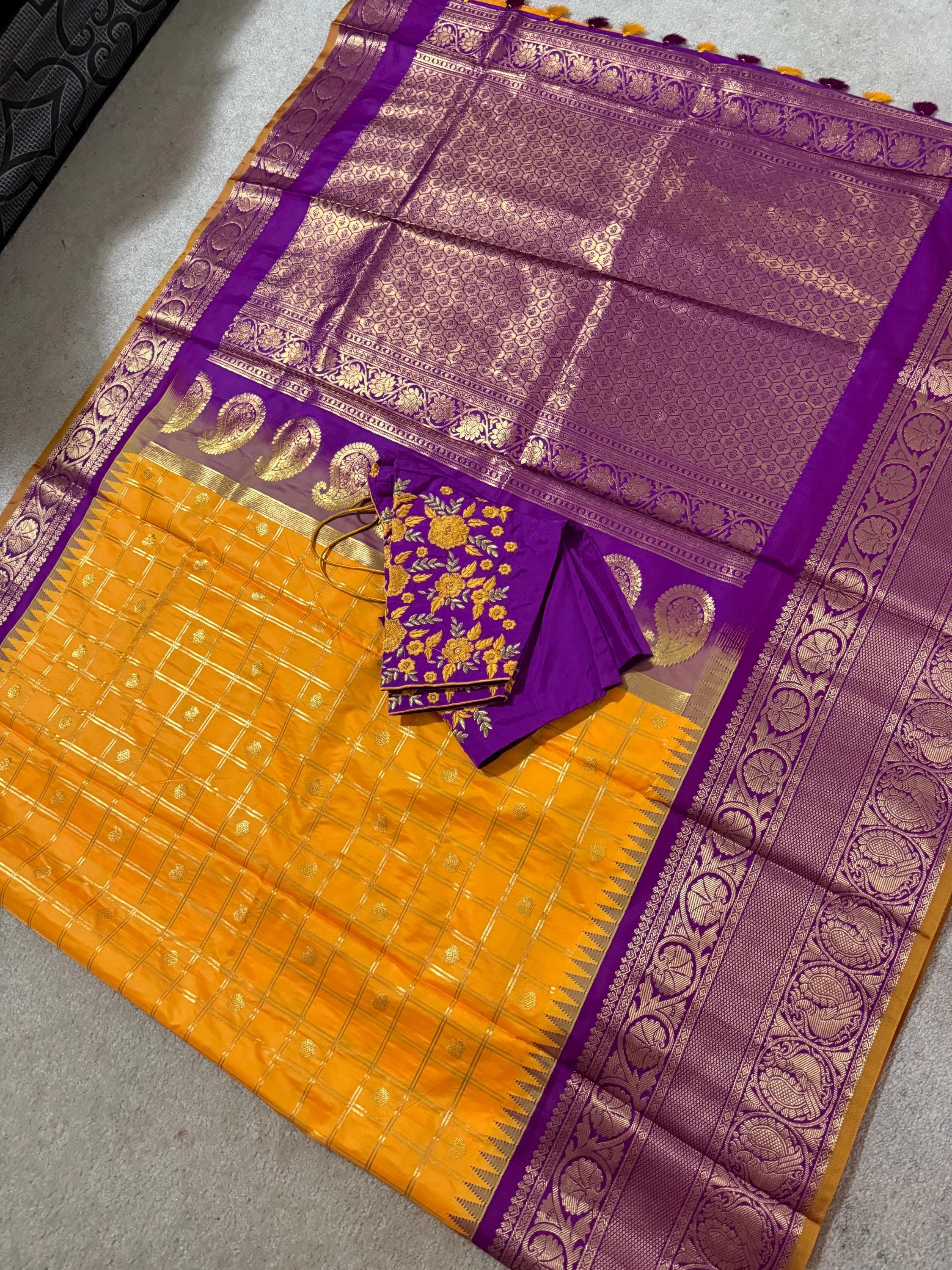 Gadwal Handloom pure silk sarees in rare colors and ready to wear blouse with embroidered blouse fits up to 32 -46 saree is ready fall pico