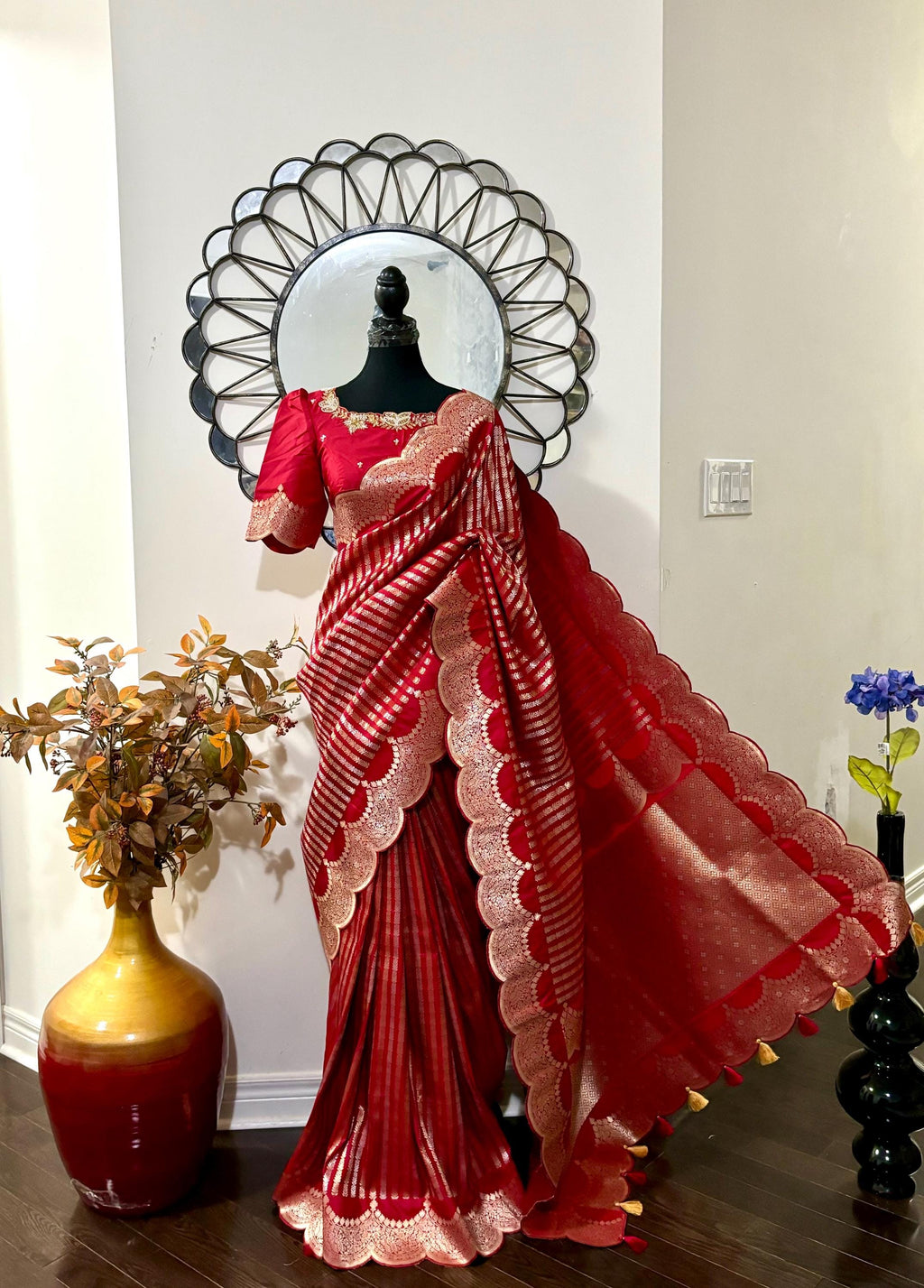Beautiful Banarasi kataan silk  saree paired up with pretty Maggam work blouse. Blouse sizes can be customized.