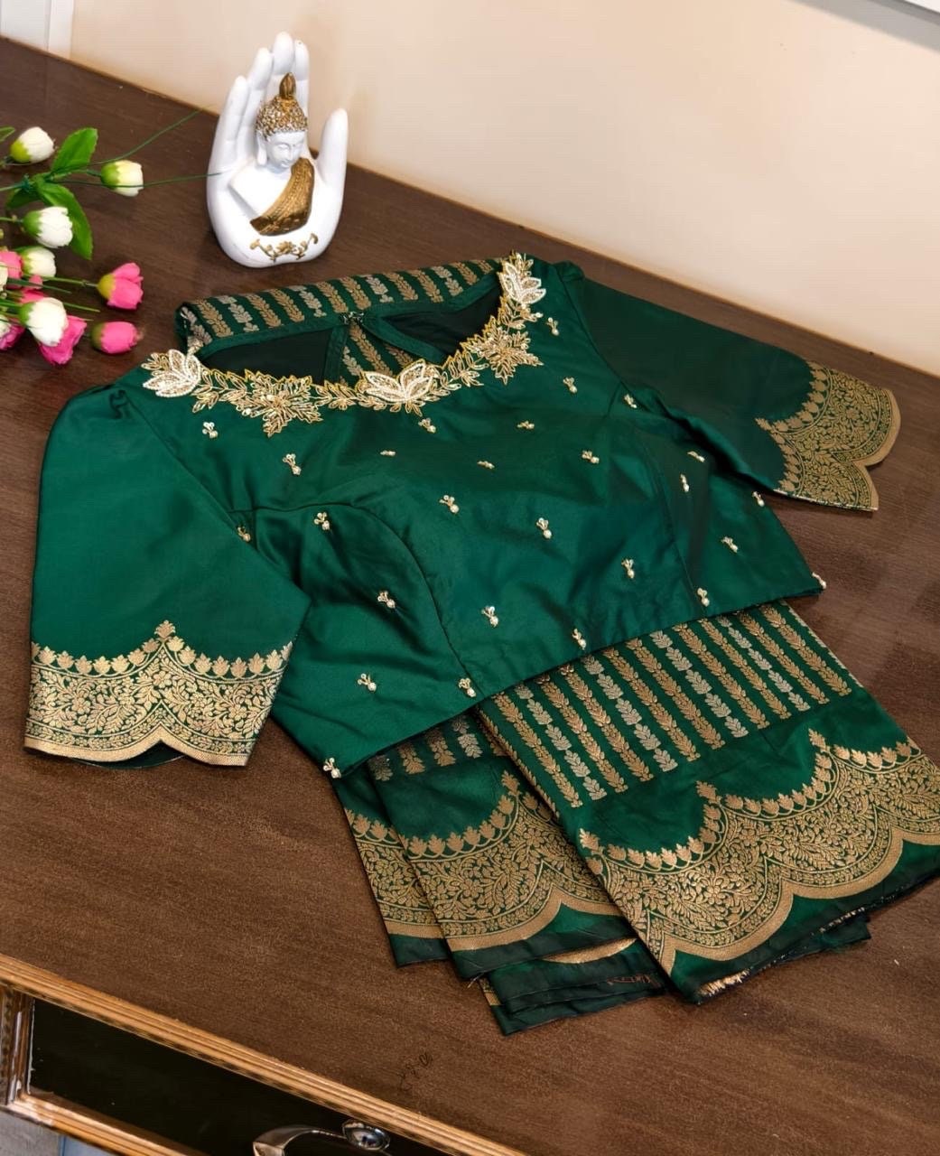 Beautiful Banarasi kataan silk  saree paired up with pretty Maggam work blouse. Blouse sizes can be customized.