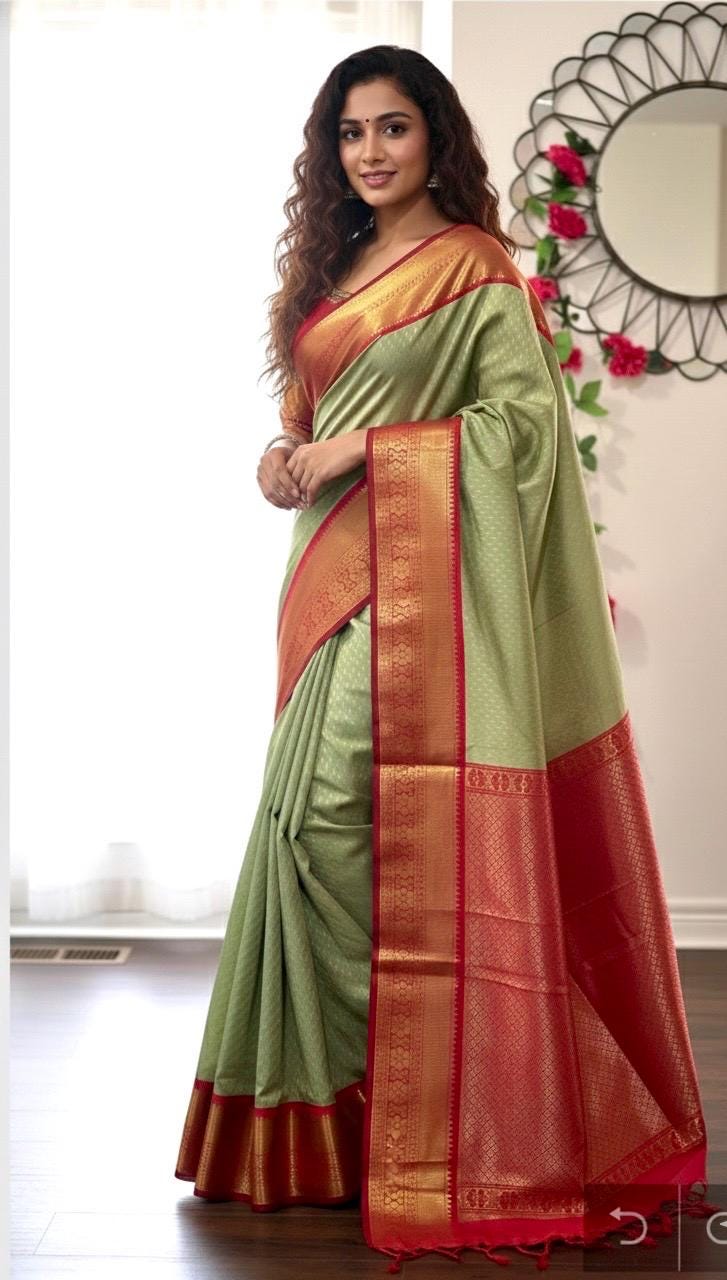 Kanchipuram soft silk saree in rare colors with beautifully done hand  made embroidered blouse with ready to wear work blouse fits 32 to 46