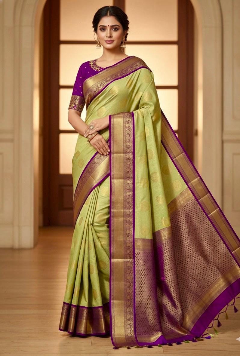Kanchipuram soft silk saree in rare colors with beautifully done hand  made embroidered blouse with ready to wear work blouse fits 32 to 46