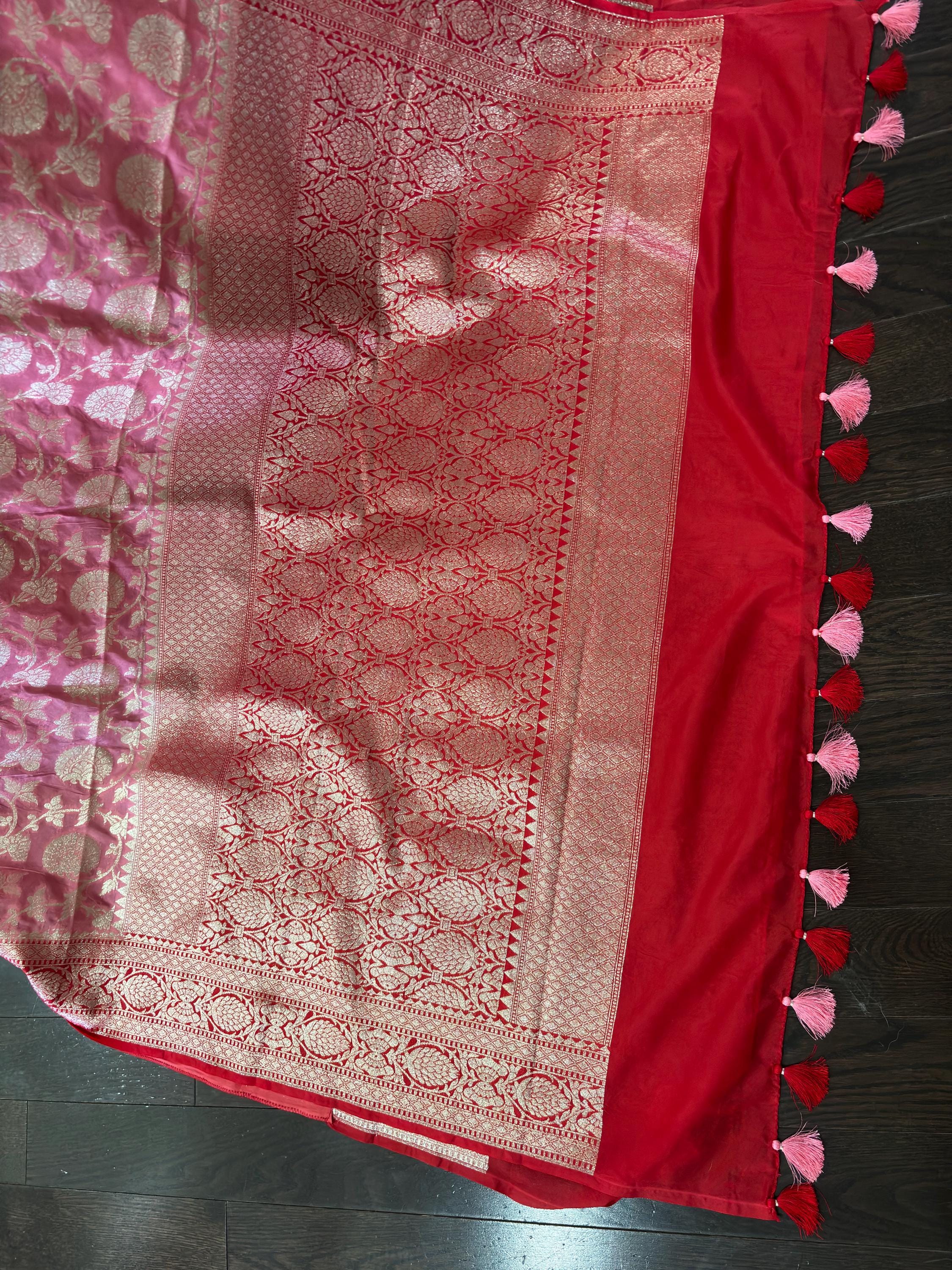 Beautiful banarasi silk saree paired up with beautiful embroidery blouse fits to 32 to 46 in beautiful rare colors all over jaal. Cocktails