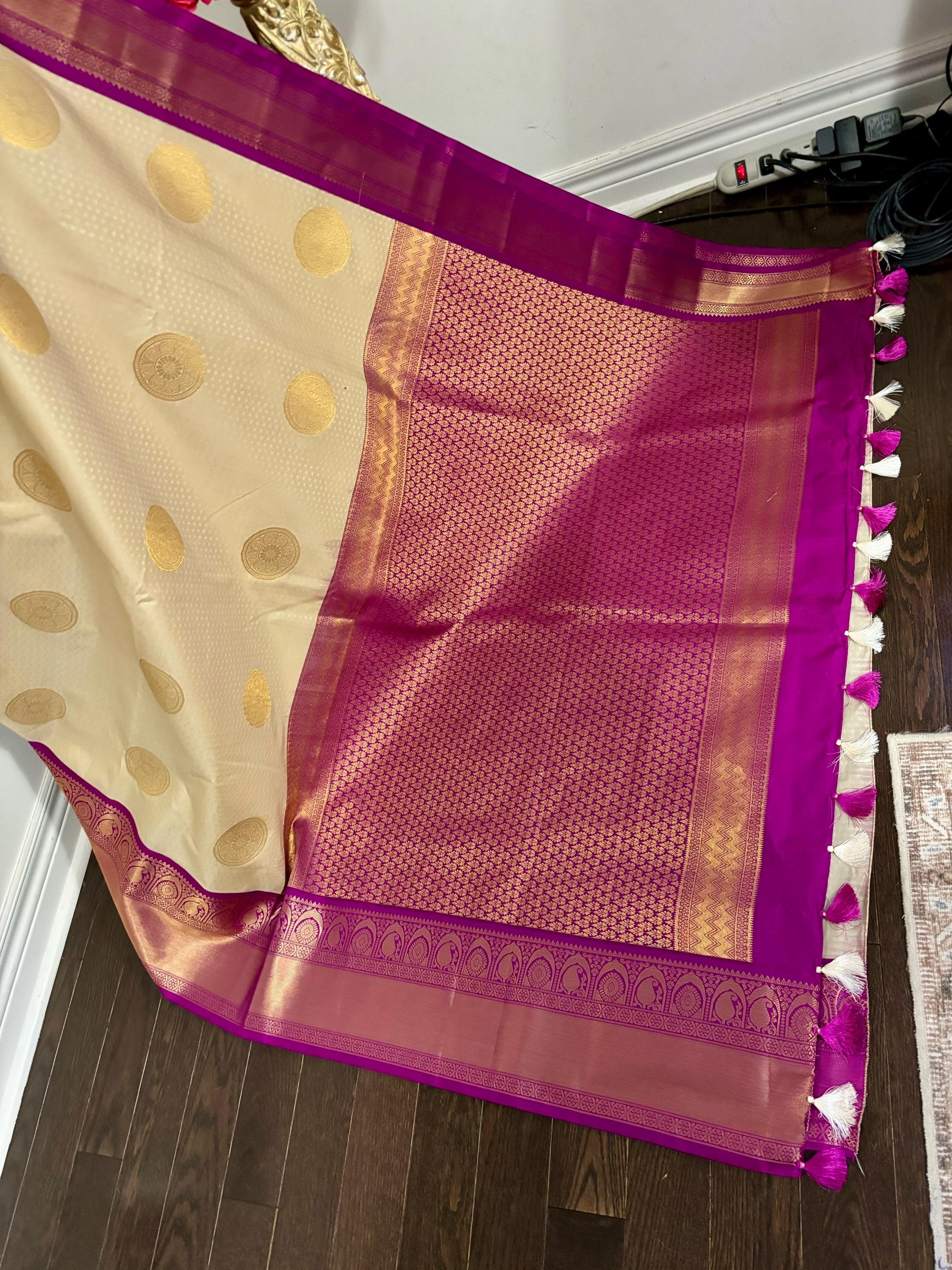 Kanchipuram soft silk saree in rare colors with beautifully done hand  made embroidered blouse with ready to wear work blouse fits 32 to 46