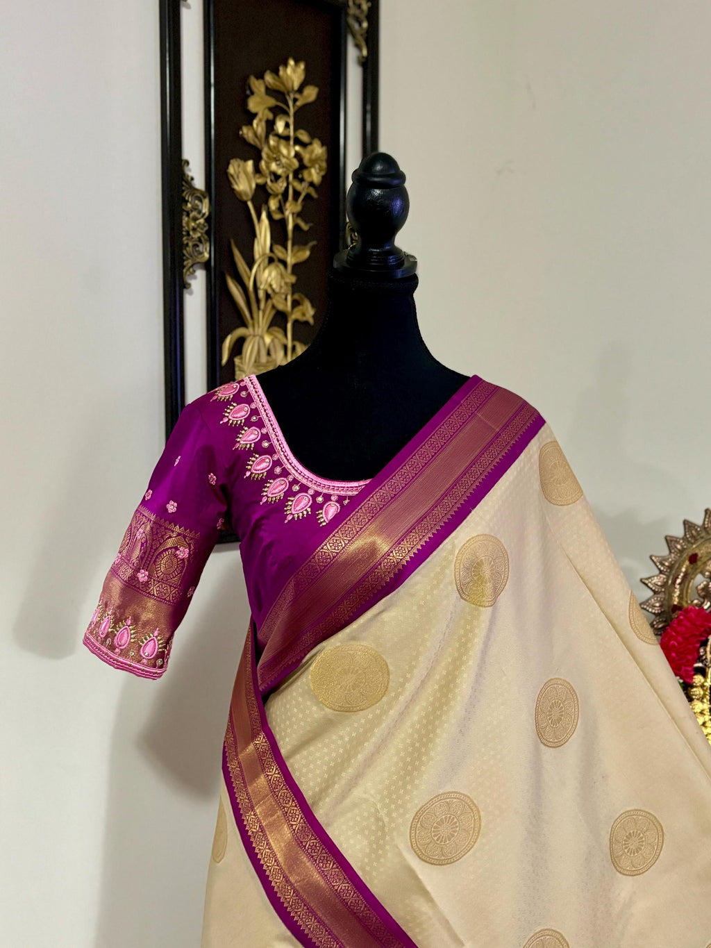 Kanchipuram soft silk saree in rare colors with beautifully done hand  made embroidered blouse with ready to wear work blouse fits 32 to 46