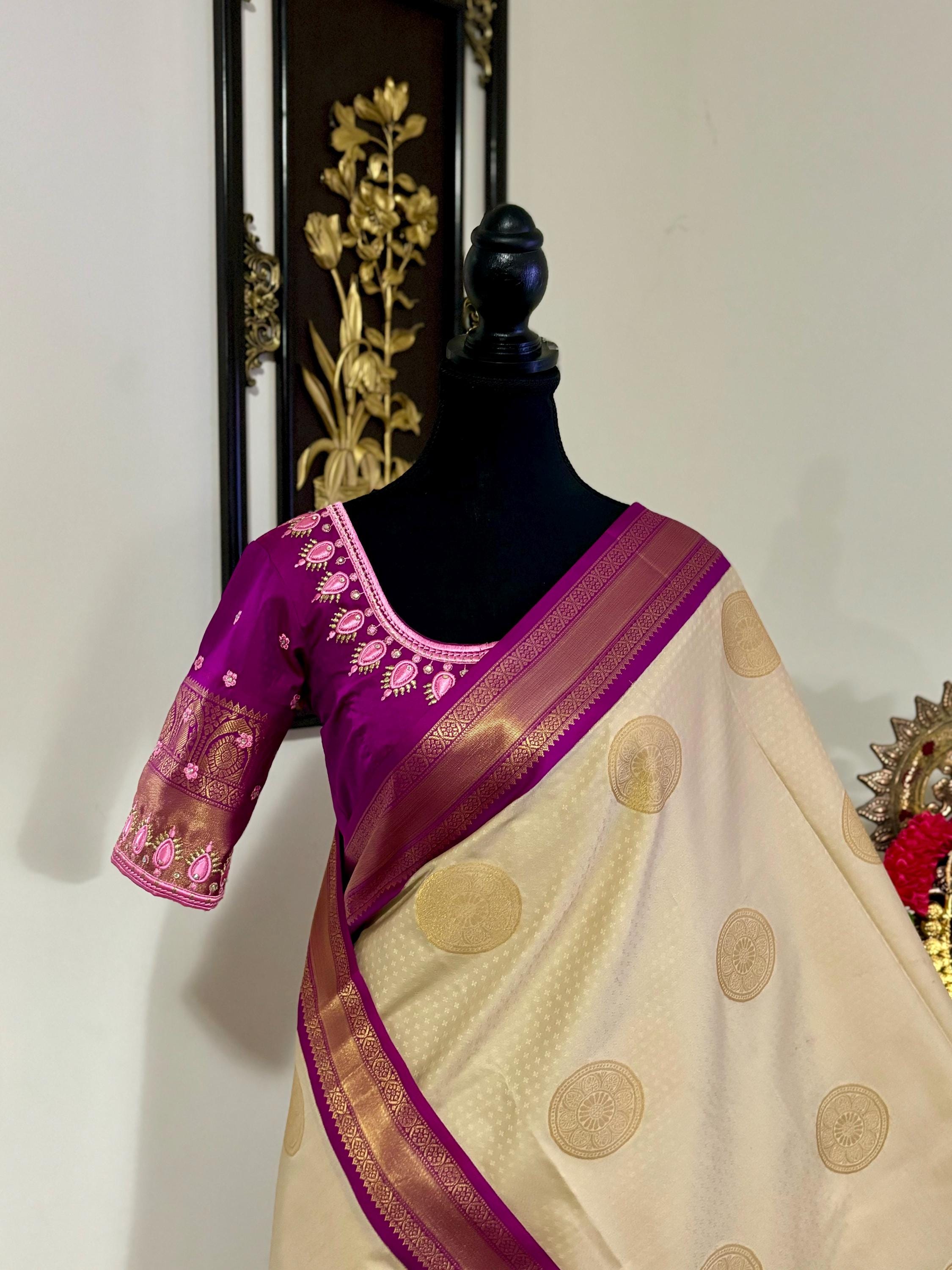Kanchipuram soft silk saree in rare colors with beautifully done hand  made embroidered blouse with ready to wear work blouse fits 32 to 46