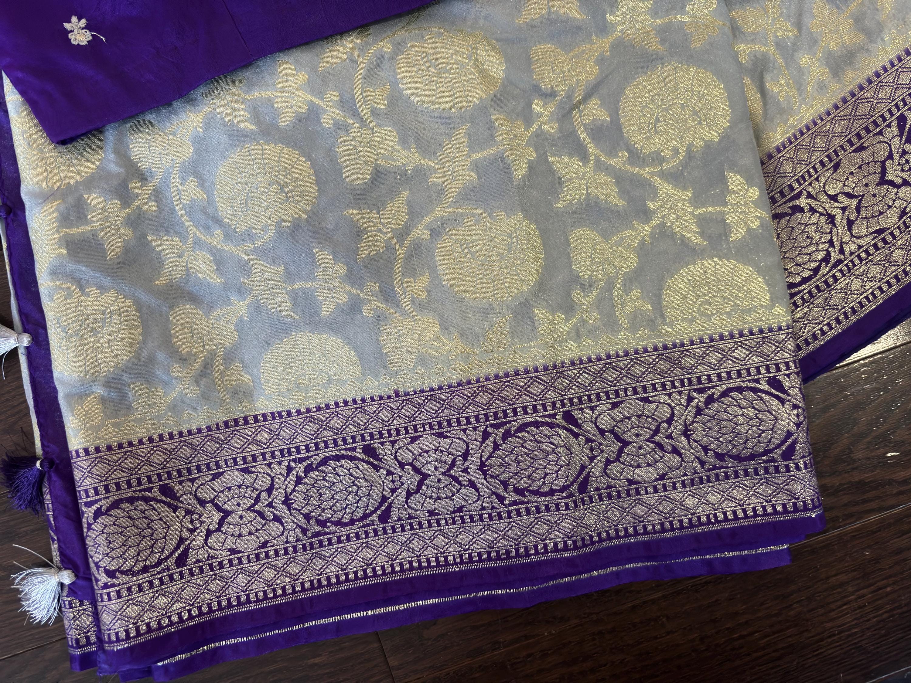 Beautiful banarasi silk saree paired up with beautiful embroidery blouse fits to 32 to 46 in beautiful rare colors all over jaal. Cocktails