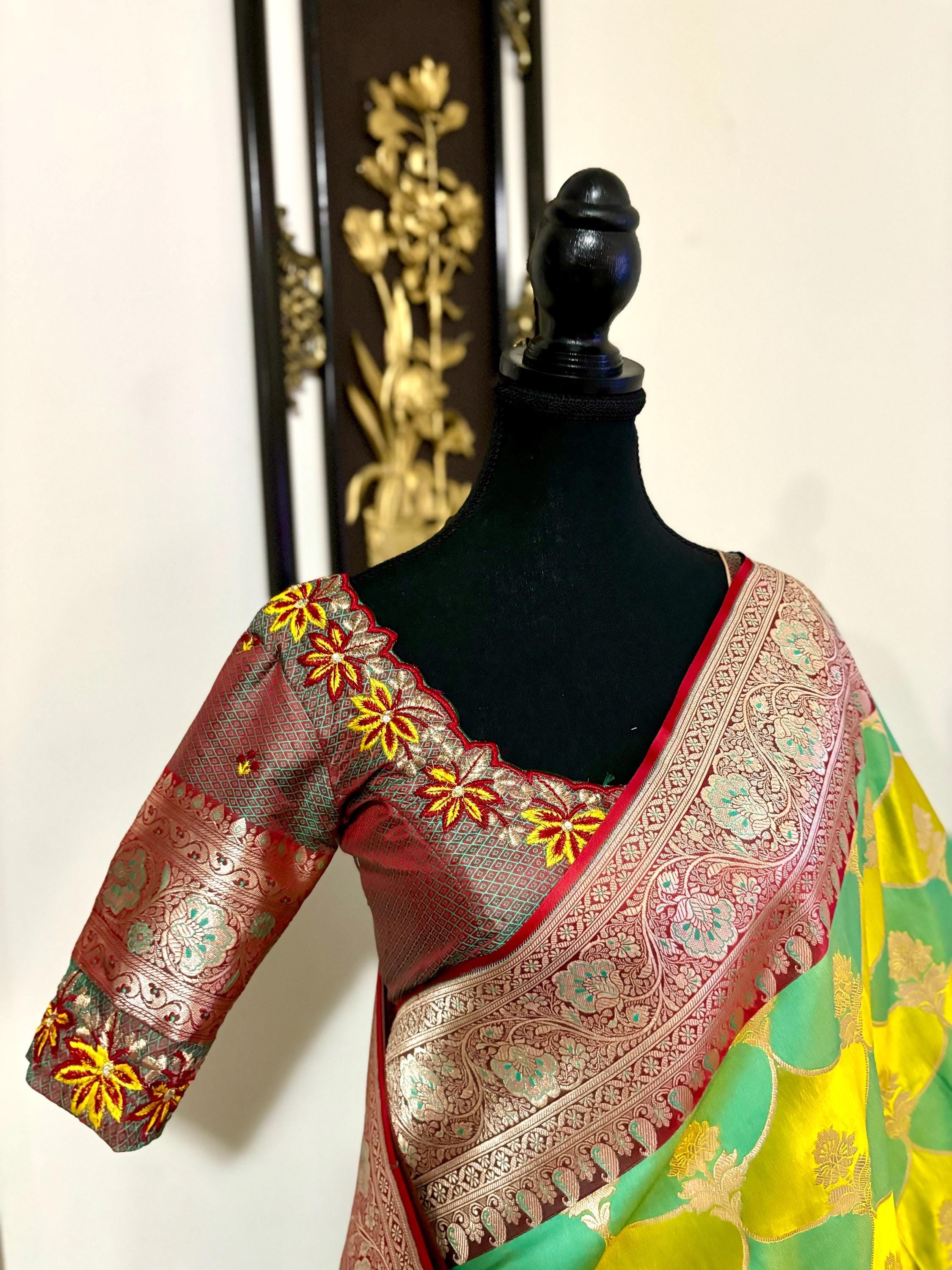 Pure silk  banarasi silk saree paired up with beautiful embroidery blouse fits to 32 to 46 in beautiful rare colors all over jaal. Cocktails