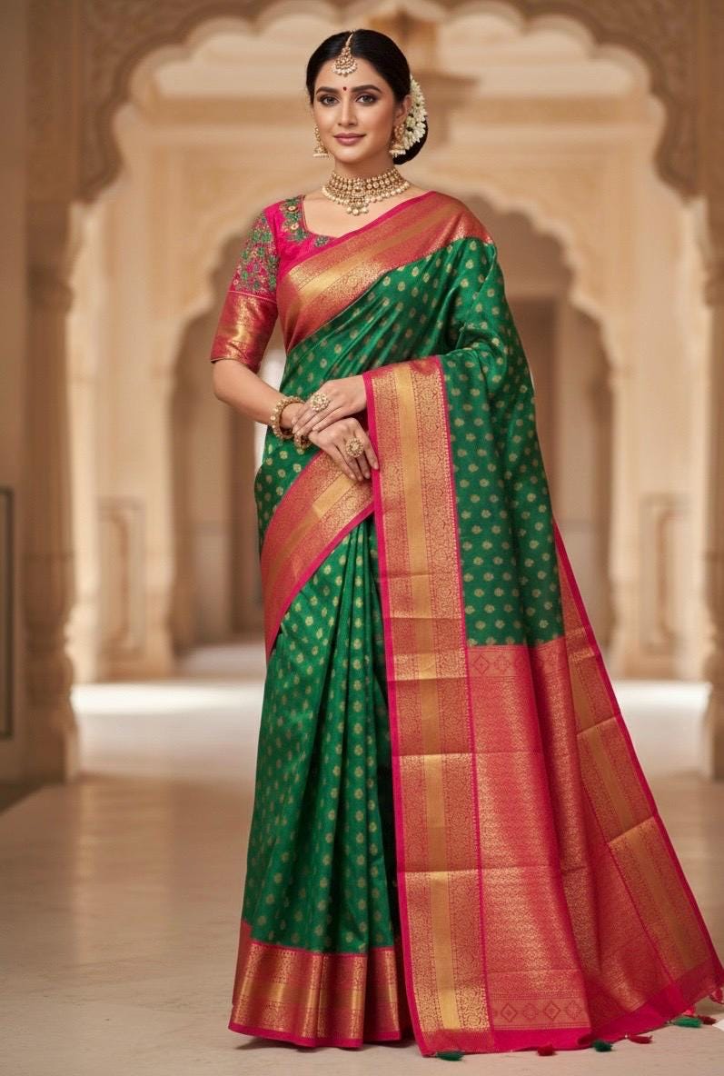 Kanchipuram soft silk saree in rarecolors with beautifully done hand  made embroidered blouse with readytowear work blouse fitsup to32 to 46