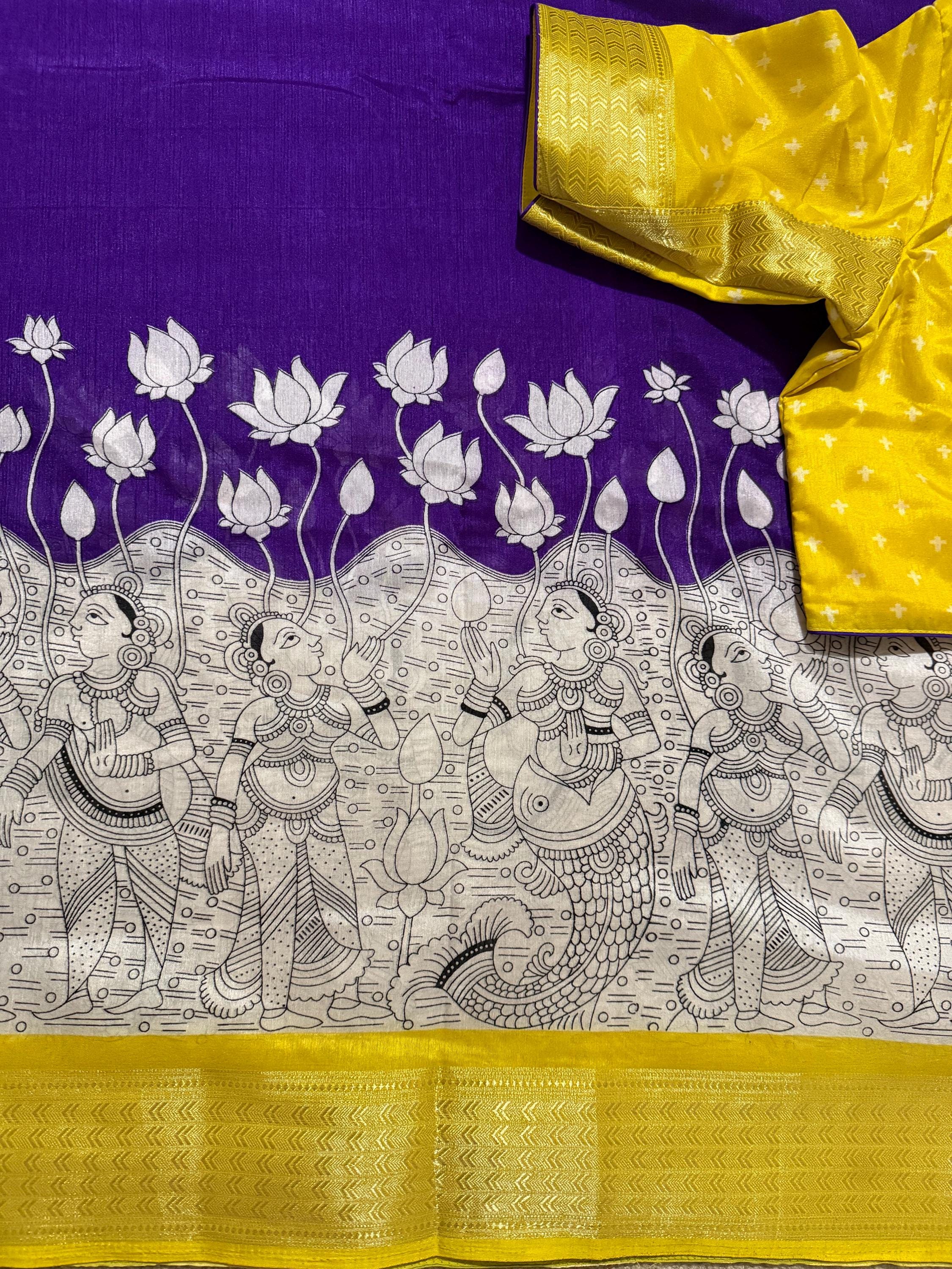 Light weight easy to drape Soft Silk fancy Saree; with beautiful Kanchi boarder , with Kalamkari design ready to wear Blouse fits 32-46
