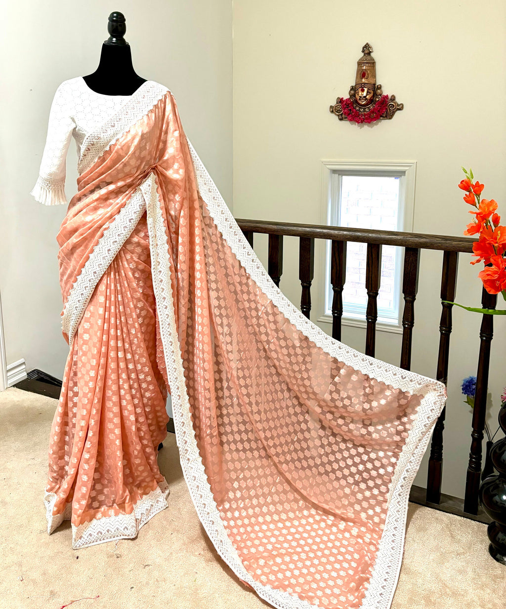 Beautiful soft falling  georgette on  sabyasachi  lace borders unique eye  cooling pestal shades. Ready to wear designer blouse fits 32-44