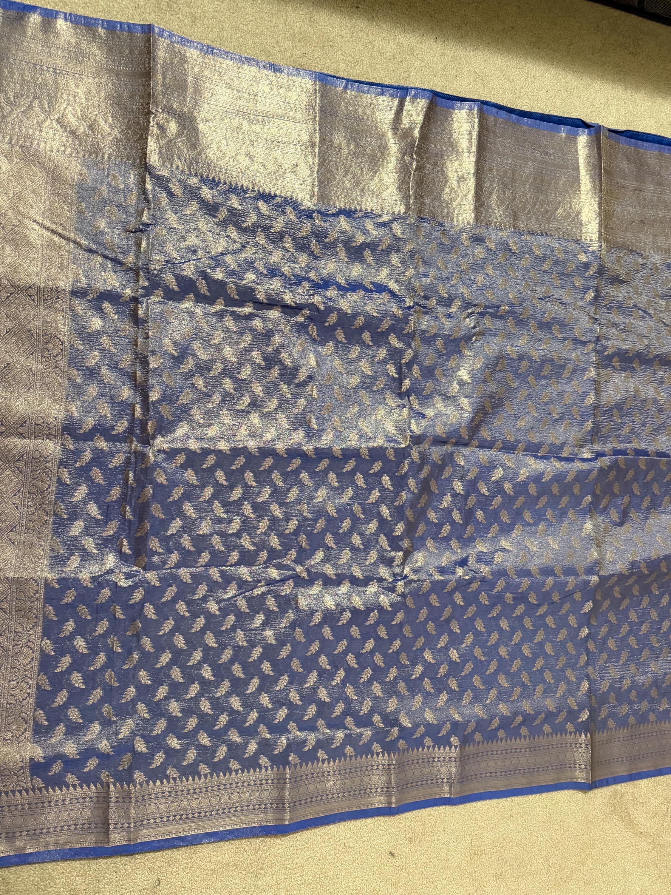 Beautiful party wear cocktail pure silk  banarasi crush tissue  saree paired up with pretty designer Blouse fits 32-46