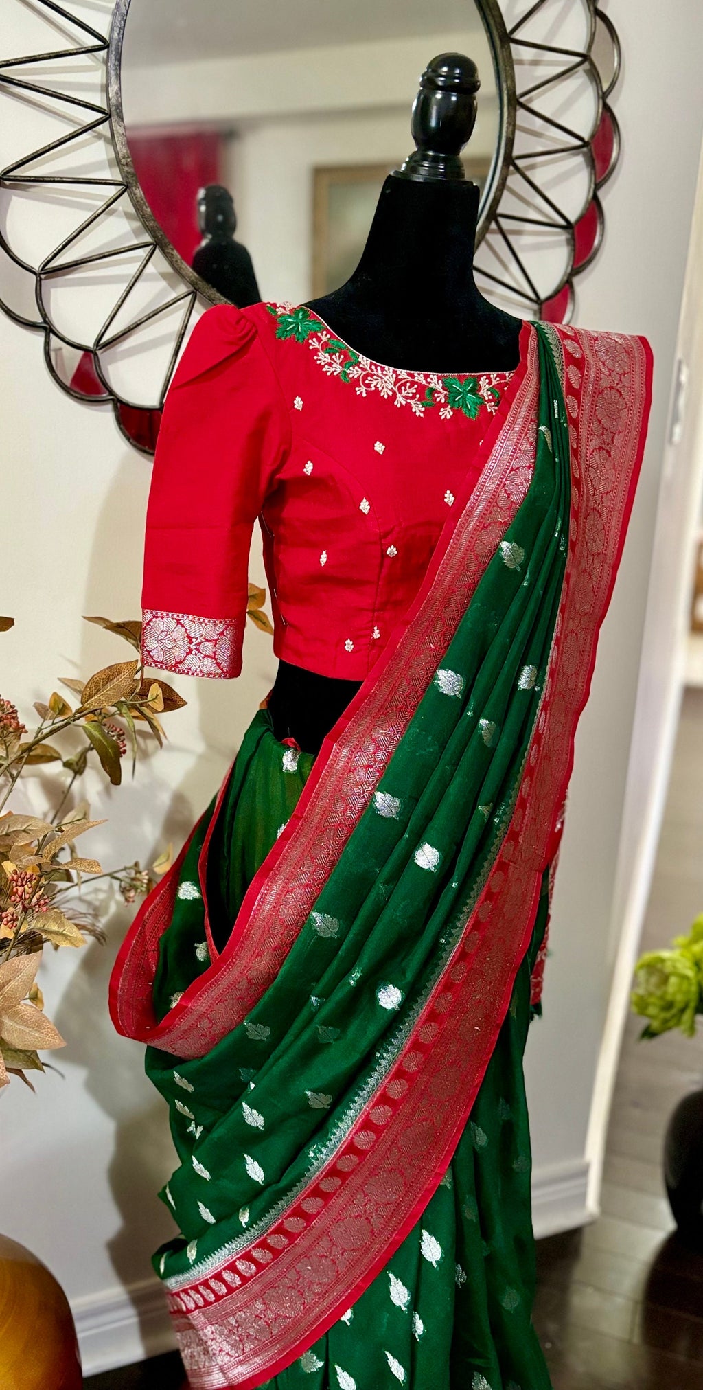 Beautiful banarasi kattan saree paired up with pretty maggam work blouse.