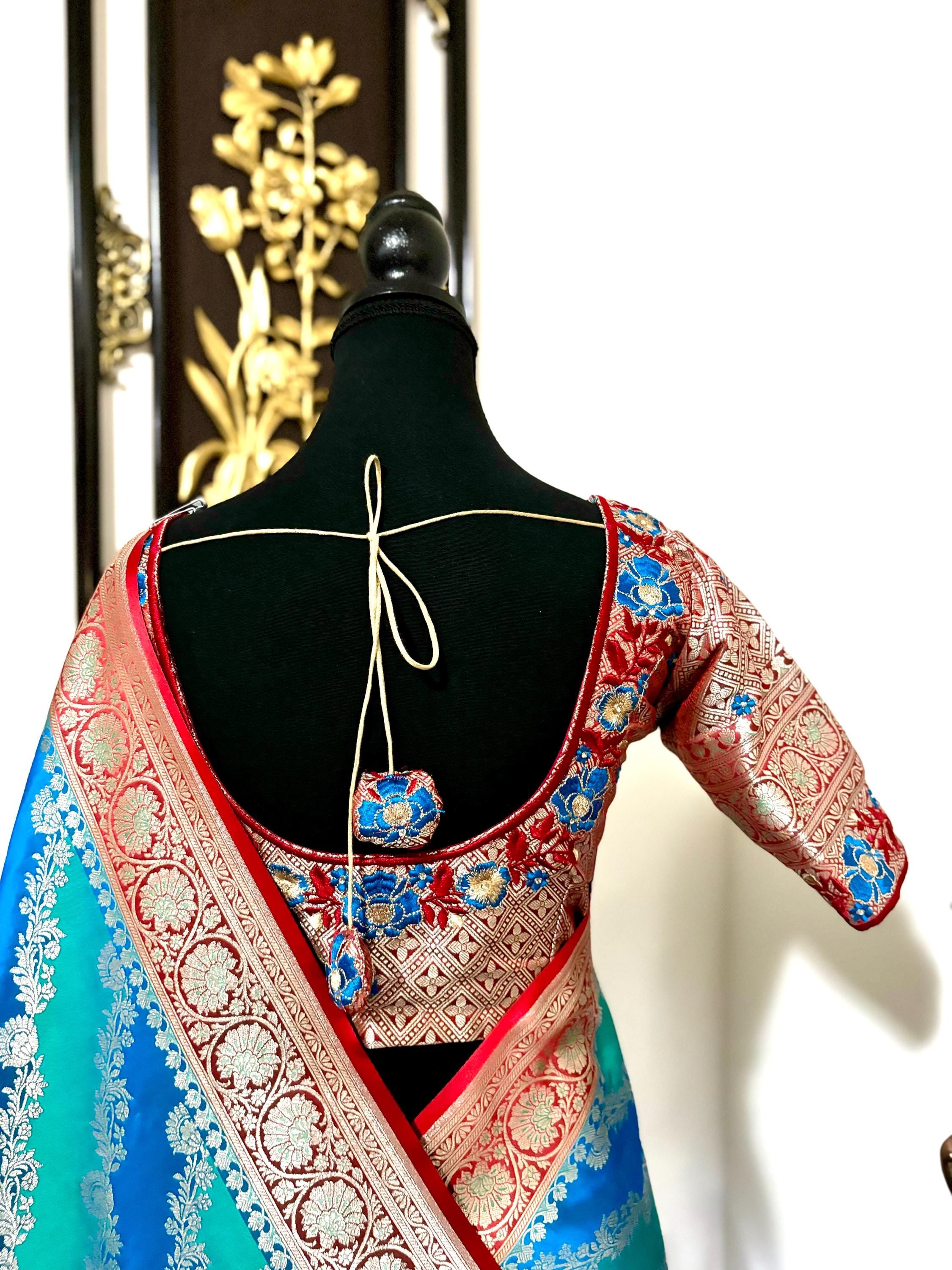 Pure silk  banarasi silk saree paired up with beautiful embroidery blouse fits to 32 to 46 in beautiful rare colors all over jaal. Cocktails