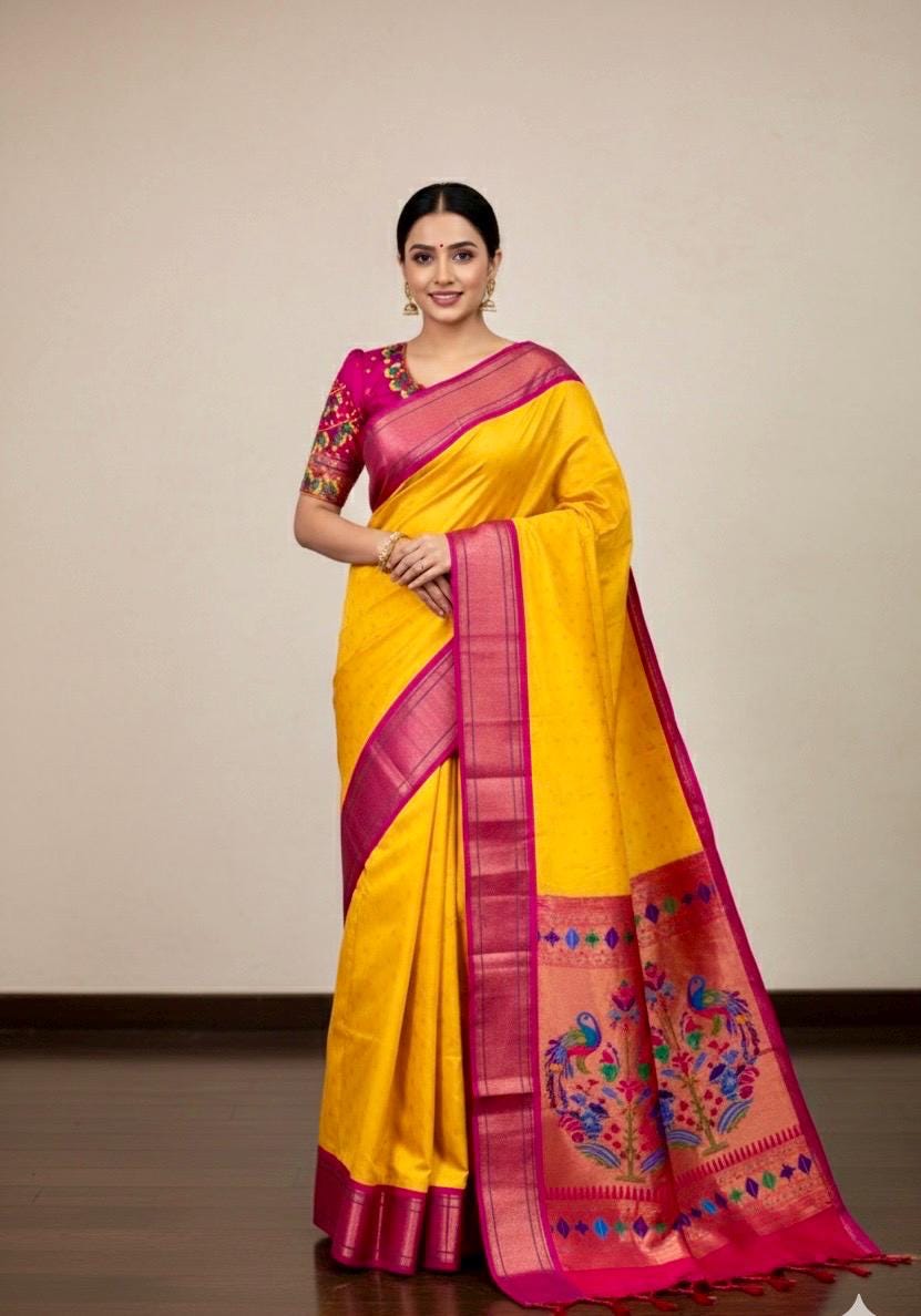 Beautiful pythani pure silk saree with   ready to wear beautiful  work blouse fits up to 32 to 46