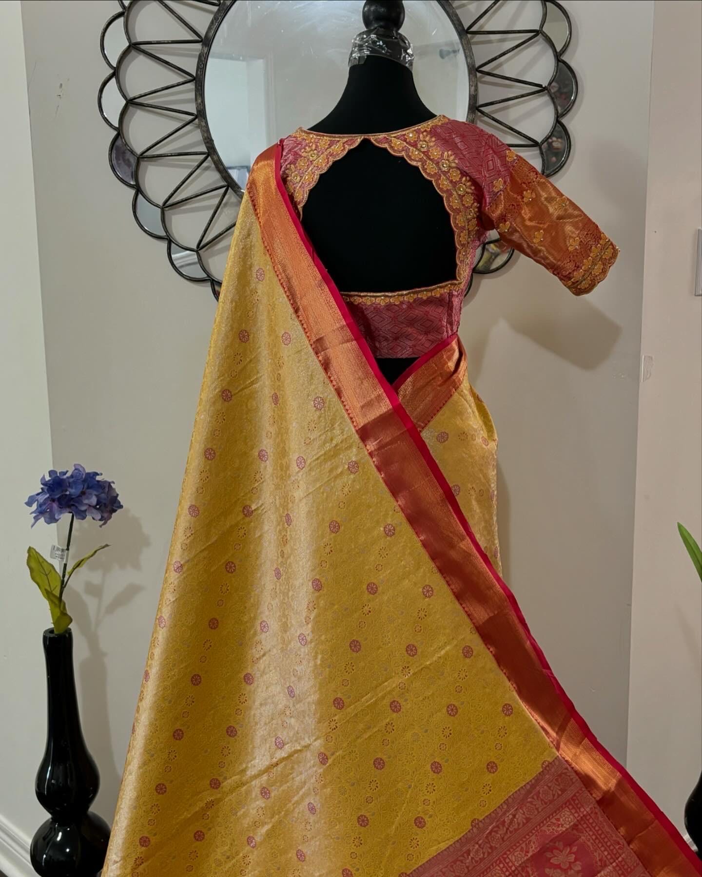 Kanchipuram soft silk saree in rare colors with beautifully done hand  made embroidered blouse with ready to wear work blouse fits 32 to 46