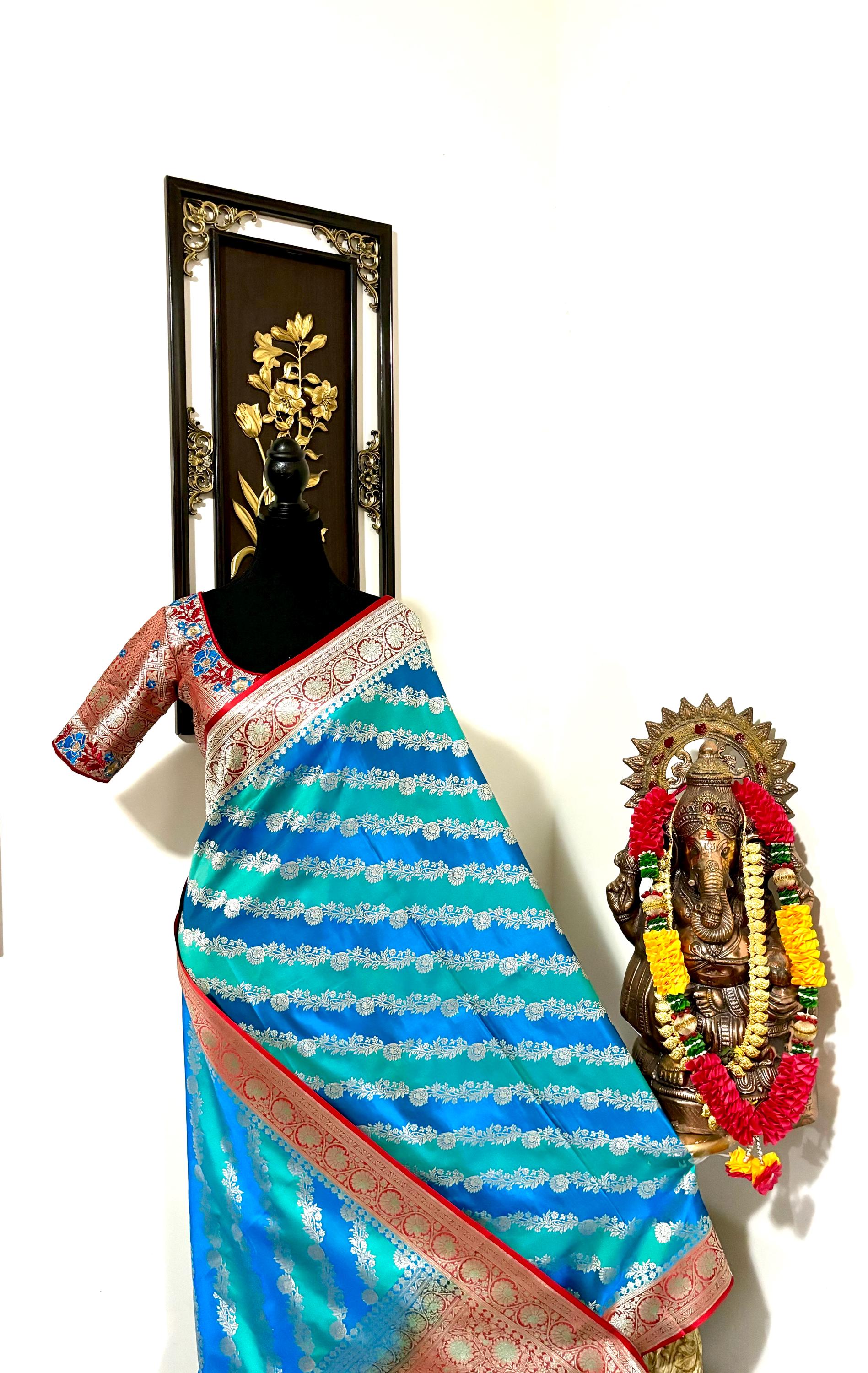 Pure silk  banarasi silk saree paired up with beautiful embroidery blouse fits to 32 to 46 in beautiful rare colors all over jaal. Cocktails