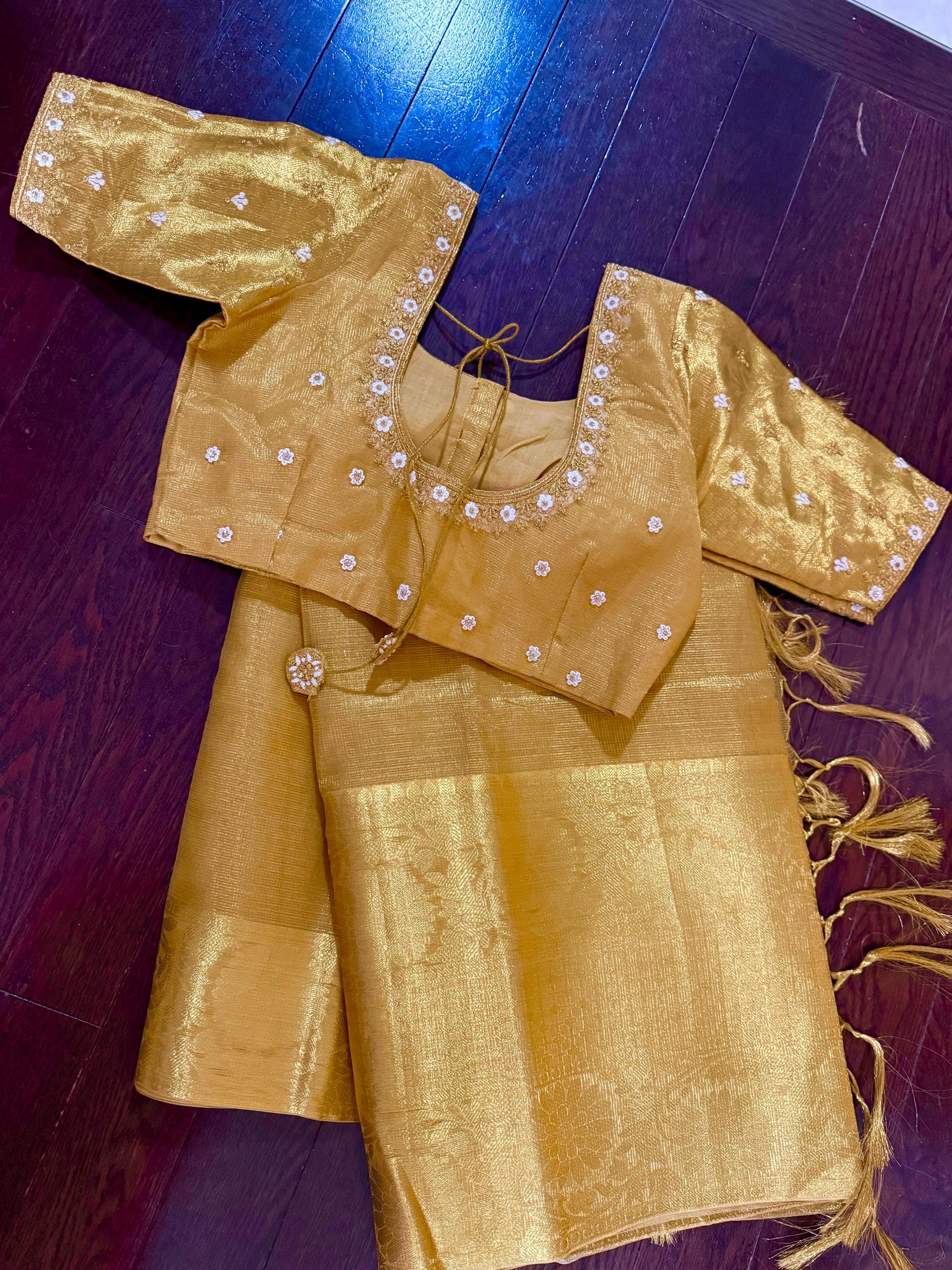Banarasi double shades golden  tissue saree with self weaving stripes  on all over with beautifully done work blouse fits 32 to 46