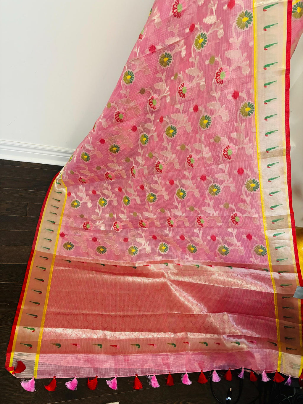 Beautiful Tissue Zari Kota saree with pythani  Zari boardes and beautifully done blouse paired up with pretty blouse fits up to 32 to 46