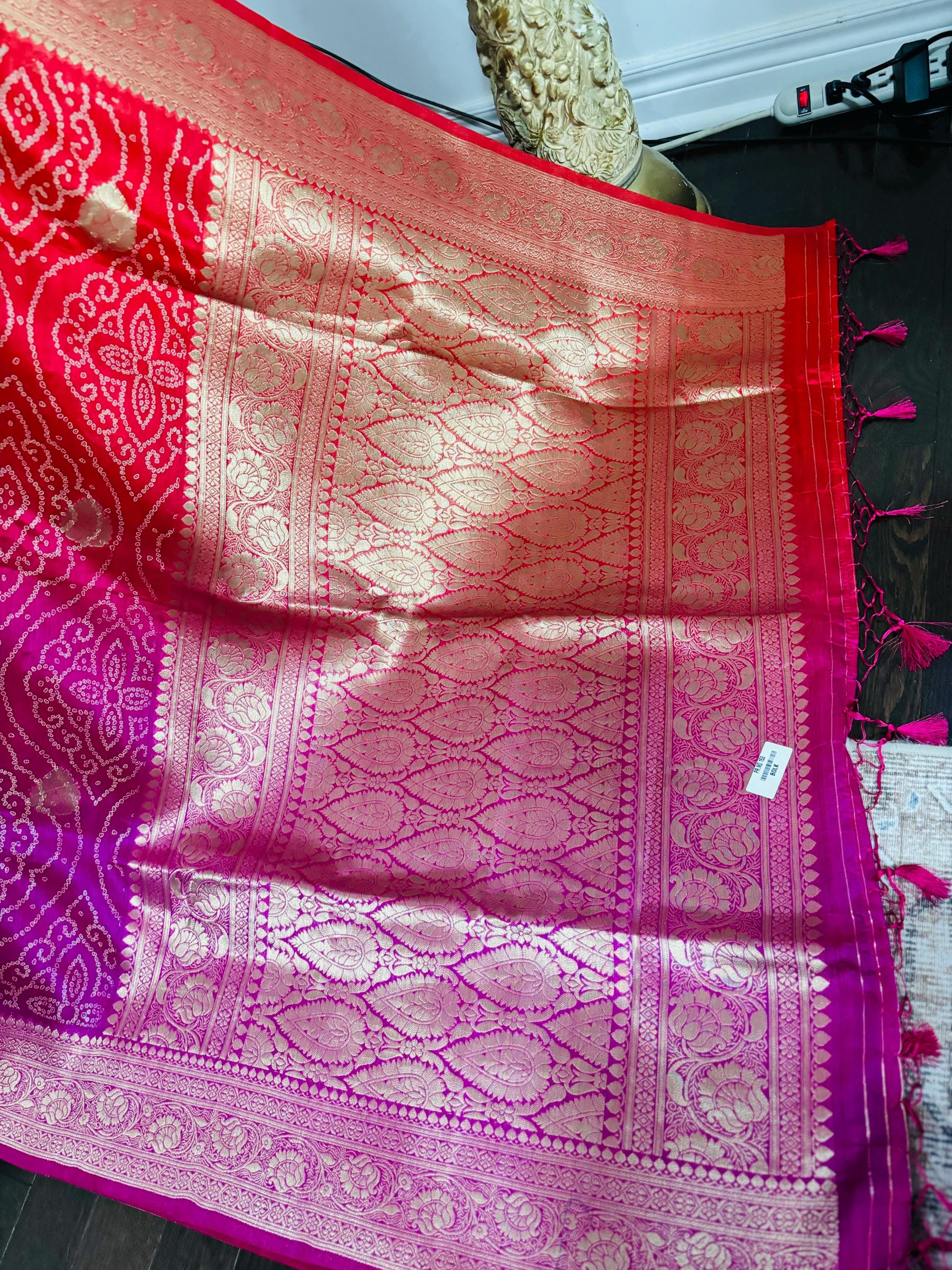 Beautiful cocktail dual shade  bandini silk saree paired up pretty maggam blouse fits  sizes 32 -46 ready to wear prettiest blouse