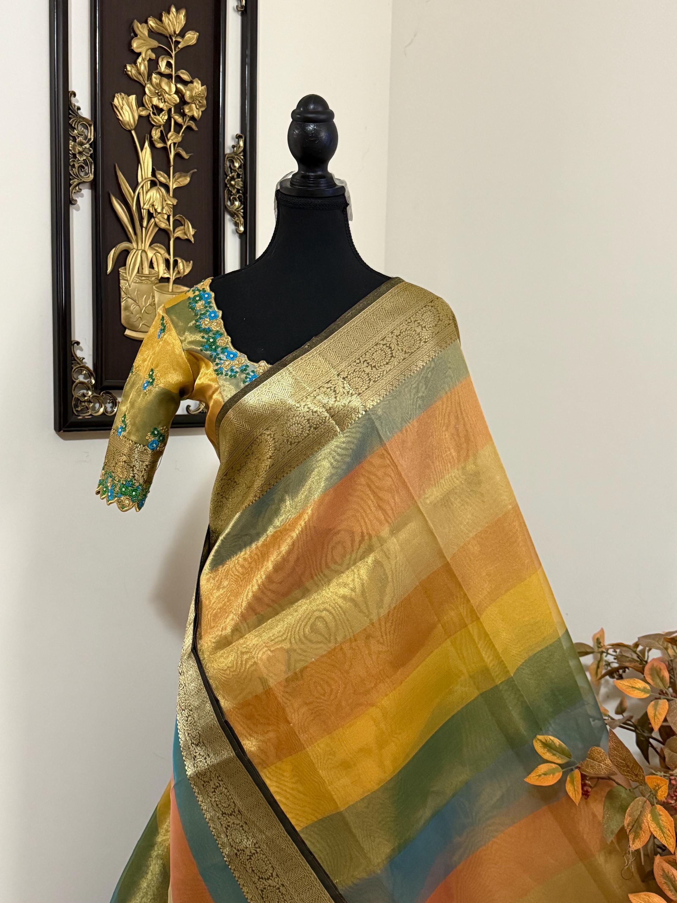 Banarsi fancy beautiful kora organza double zari silk saree very soft ant flowy ready to wear designer blouse fits 32-46  eye cooling shades