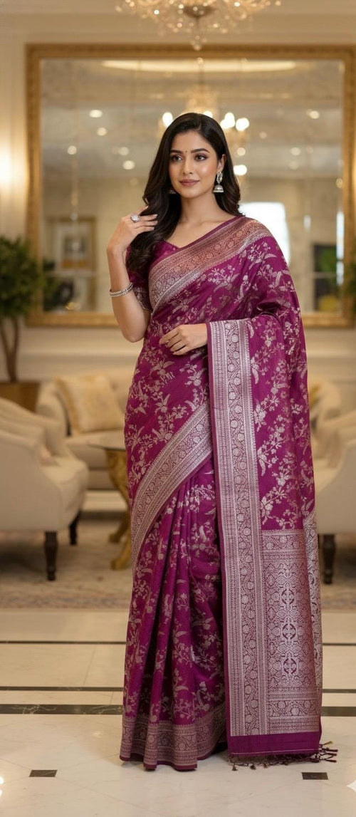 Beautiful banarasi saree with silver Zari weaving all over the saree paired up with pretty ready to wear  blouse that fits to 32 to 46