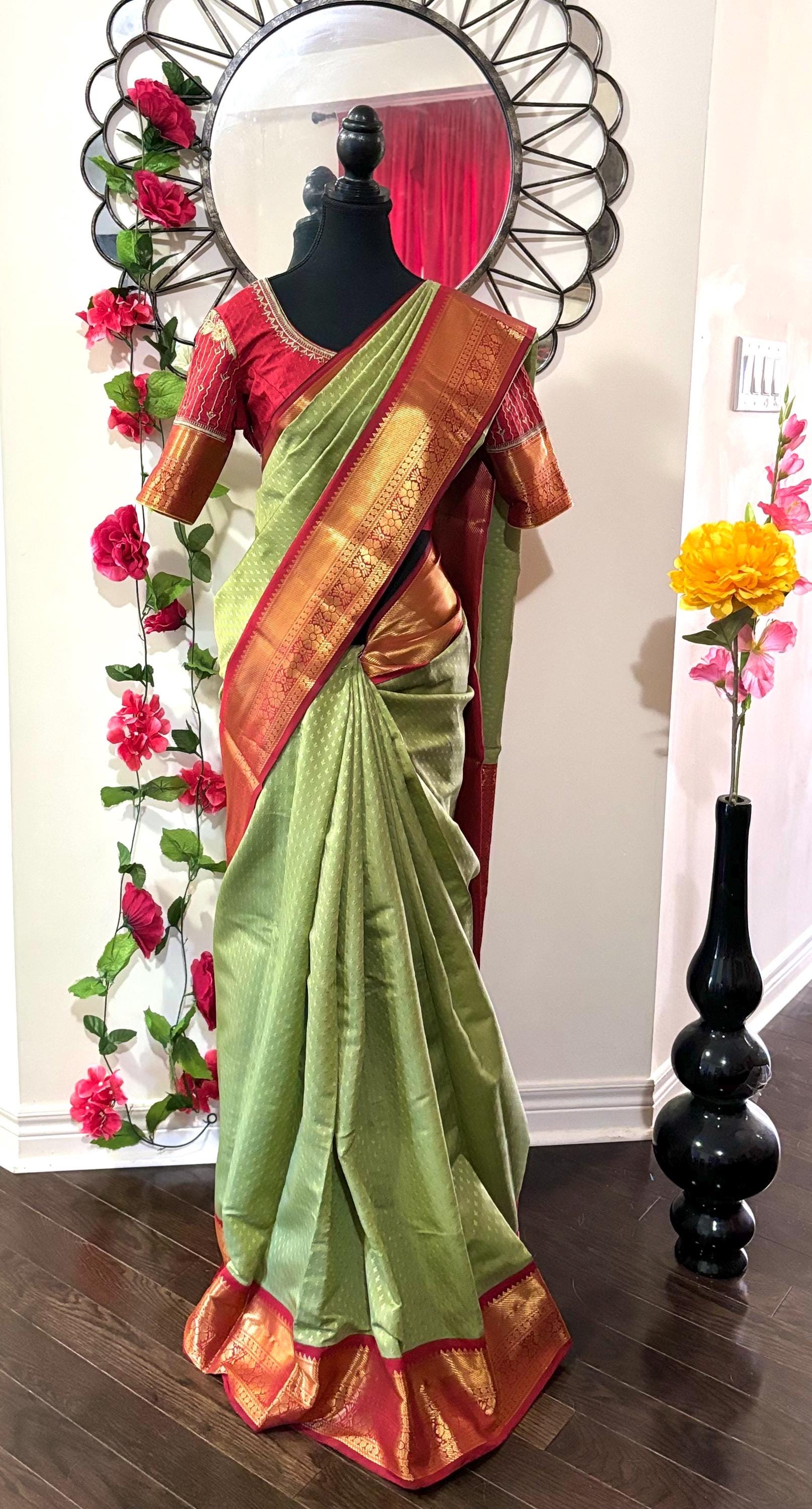 Kanchipuram soft silk saree in rare colors with beautifully done hand  made embroidered blouse with ready to wear work blouse fits 32 to 46