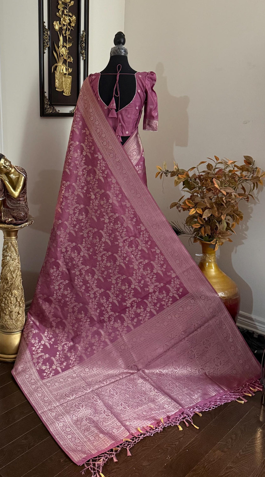 Beautiful banarasi saree with silver Zari weaving all over the saree paired up with pretty ready to wear  blouse that fits to 32 to 46