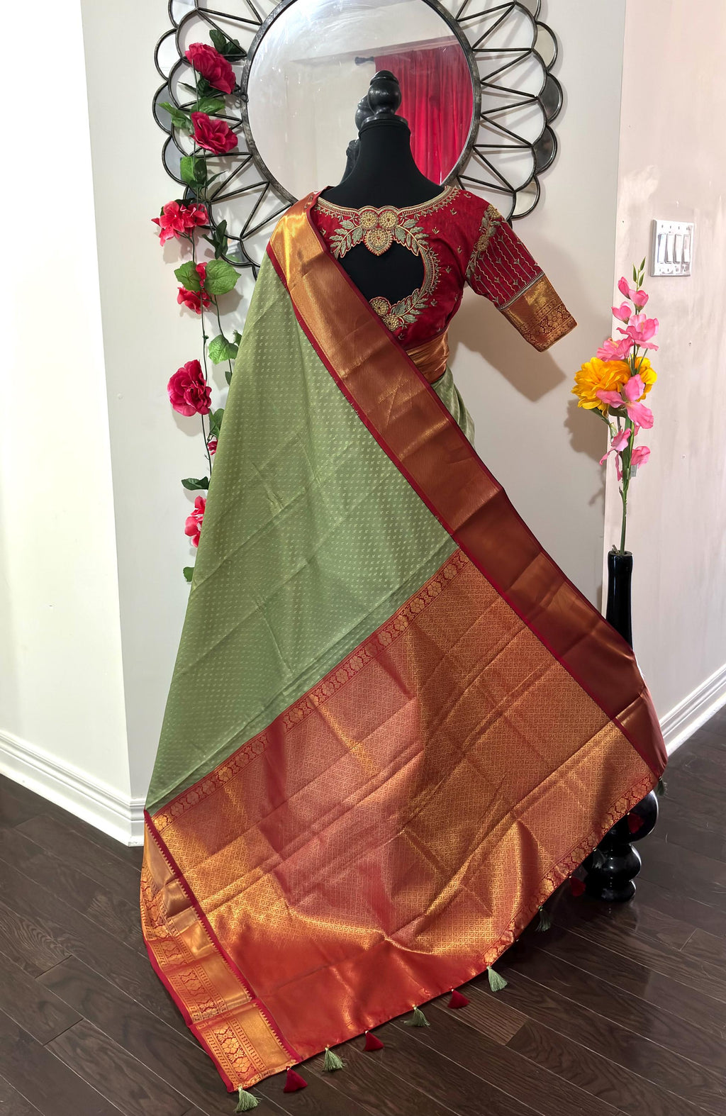 Kanchipuram soft silk saree in rare colors with beautifully done hand  made embroidered blouse with ready to wear work blouse fits 32 to 46