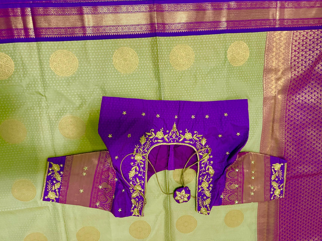 Kanchipuram soft silk saree in rare colors with beautifully done hand  made embroidered blouse with ready to wear work blouse fits 32 to 46
