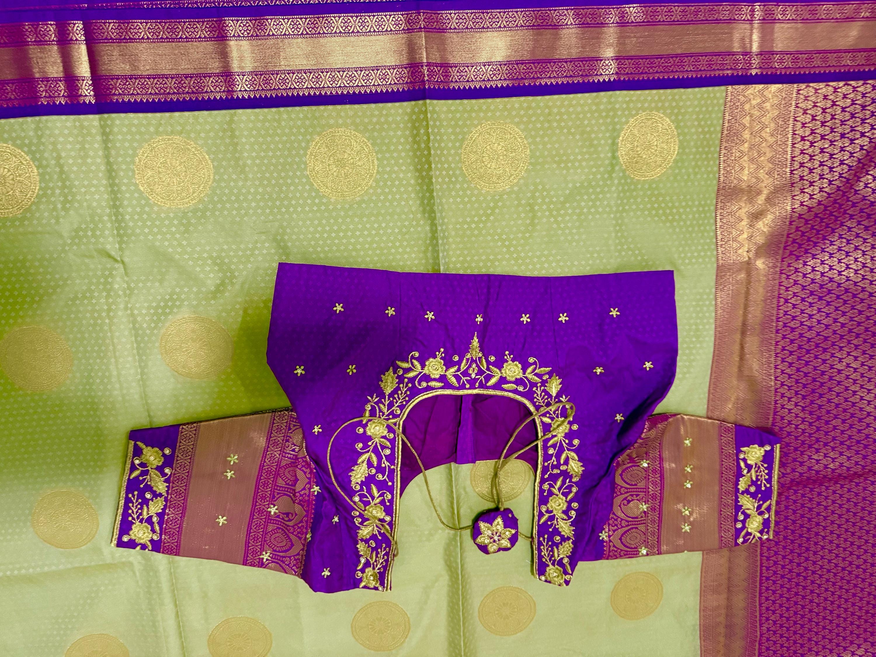 Kanchipuram soft silk saree in rare colors with beautifully done hand  made embroidered blouse with ready to wear work blouse fits 32 to 46