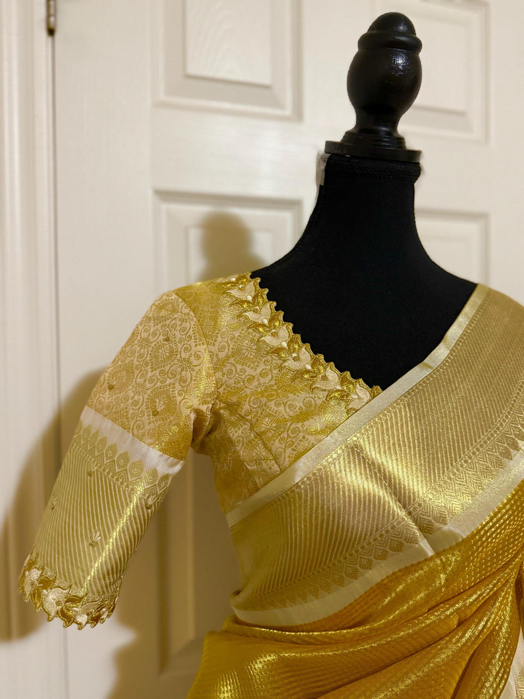 Bangalore silk golden saree with self weaving zari lines on all over with beautifully done work blouse fits 32 to 46