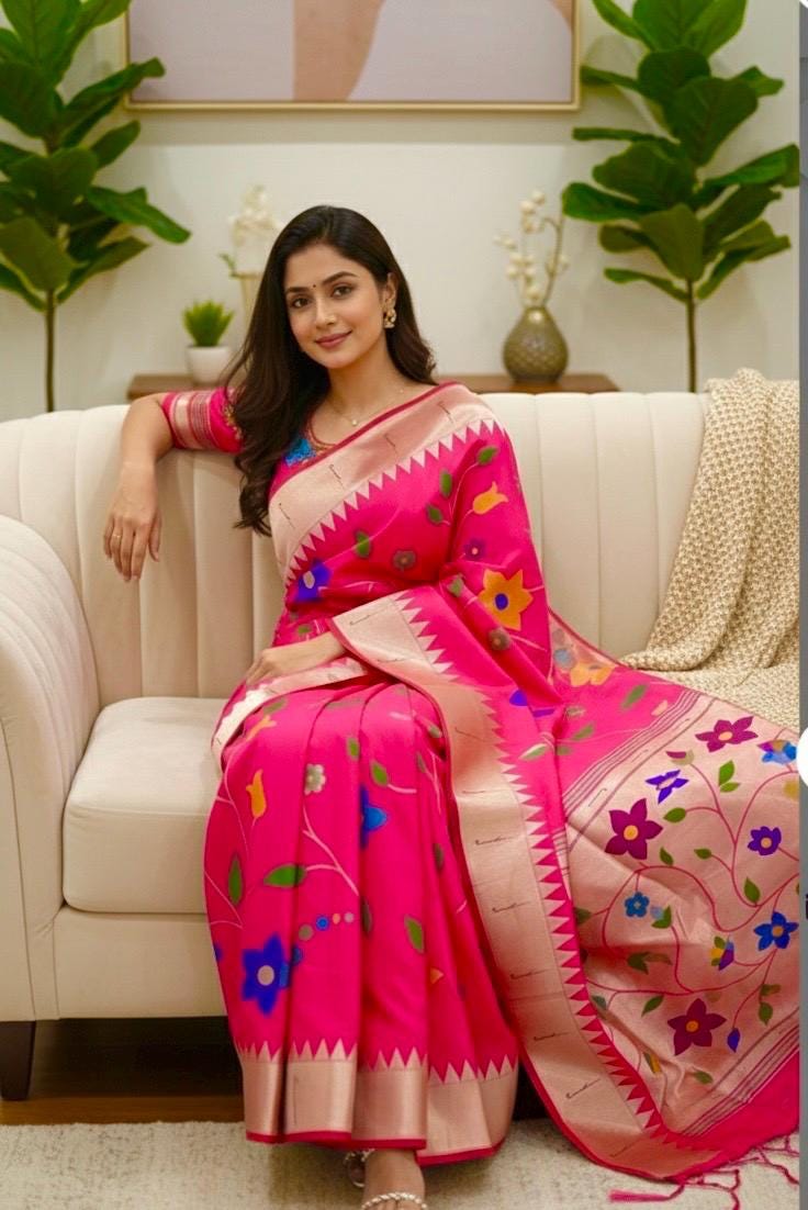 Beautiful pythani pure silk saree with all over floral design  ready to wear Maggam work blouse fit up to 32 to 46