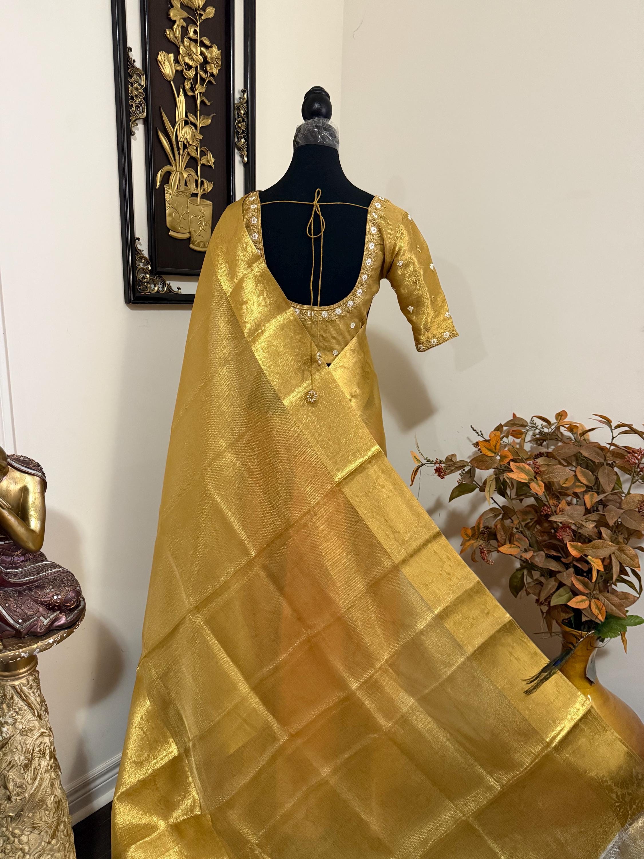 Banarasi double shades golden  tissue saree with self weaving stripes  on all over with beautifully done work blouse fits 32 to 46