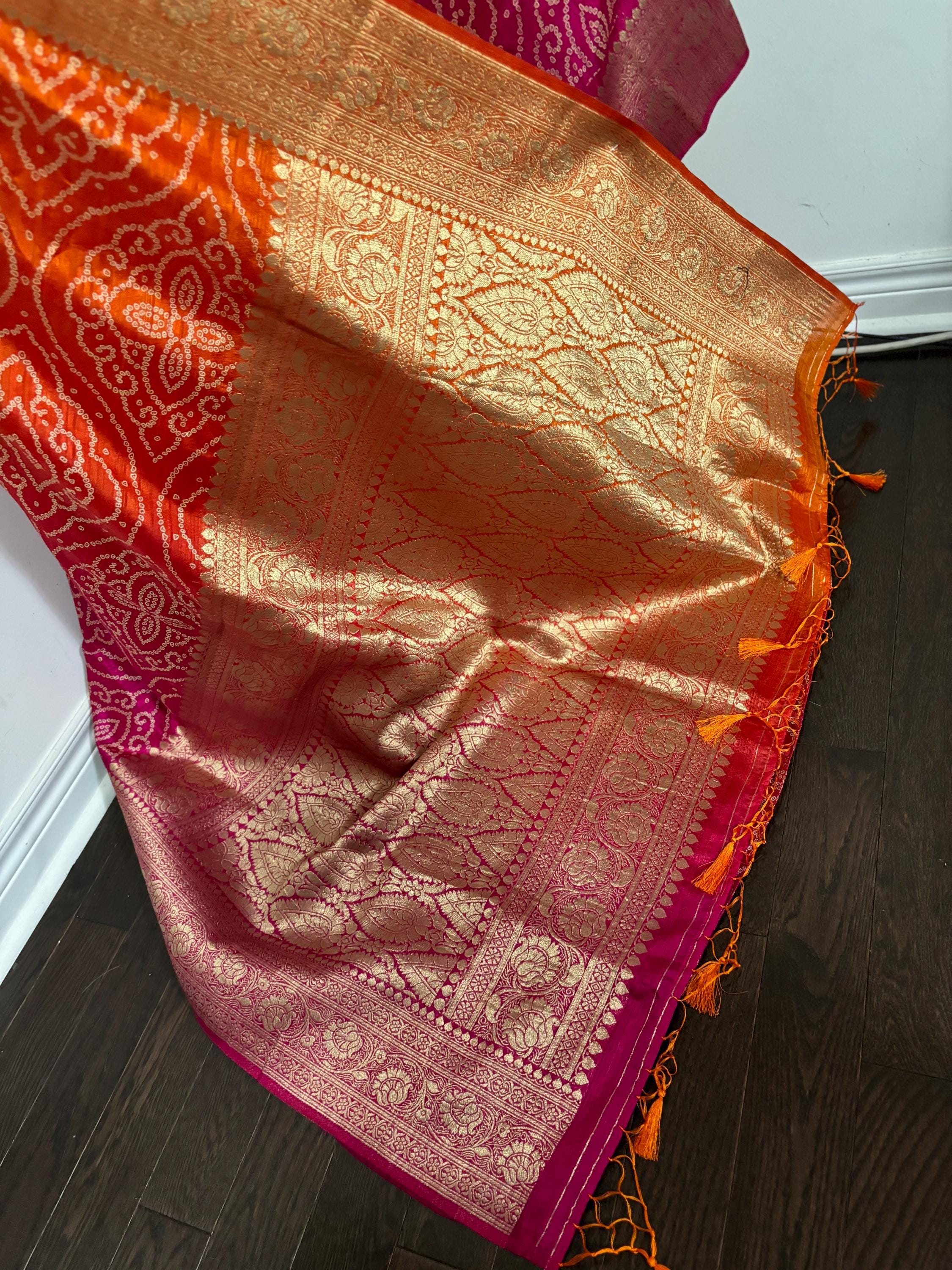 Beautiful cocktail dual shade banarasi  bandhini silk saree paired up pretty maggam blouse fits  sizes 32 -46 ready to wear prettiest blouse