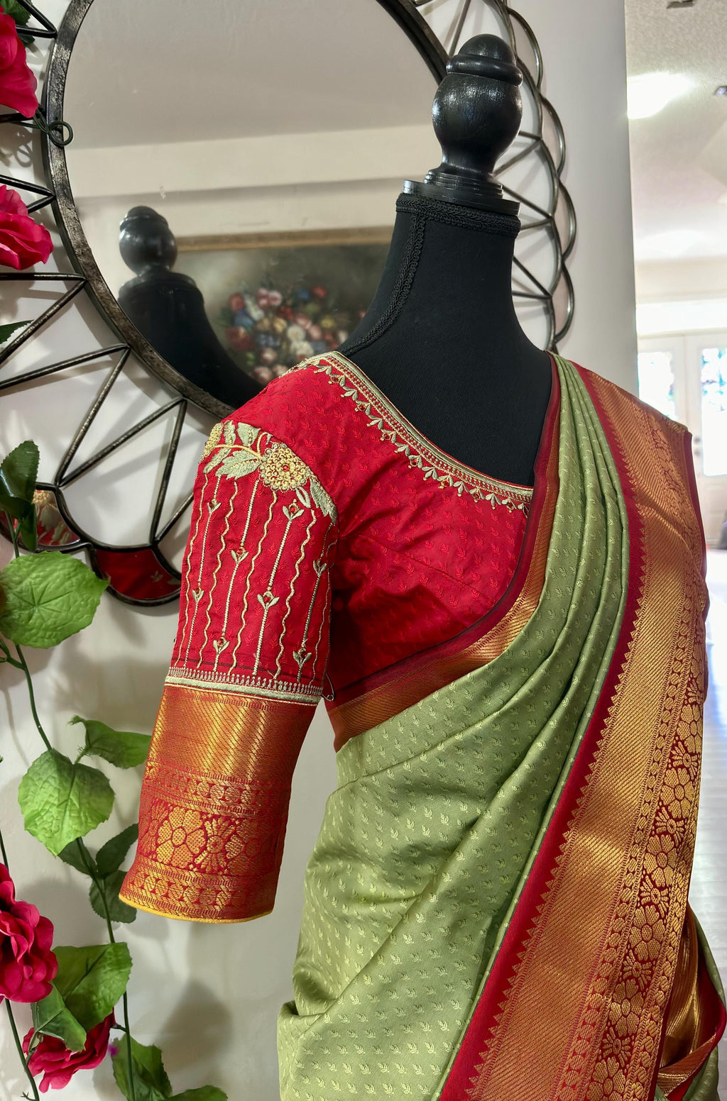 Kanchipuram soft silk saree in rare colors with beautifully done hand  made embroidered blouse with ready to wear work blouse fits 32 to 46