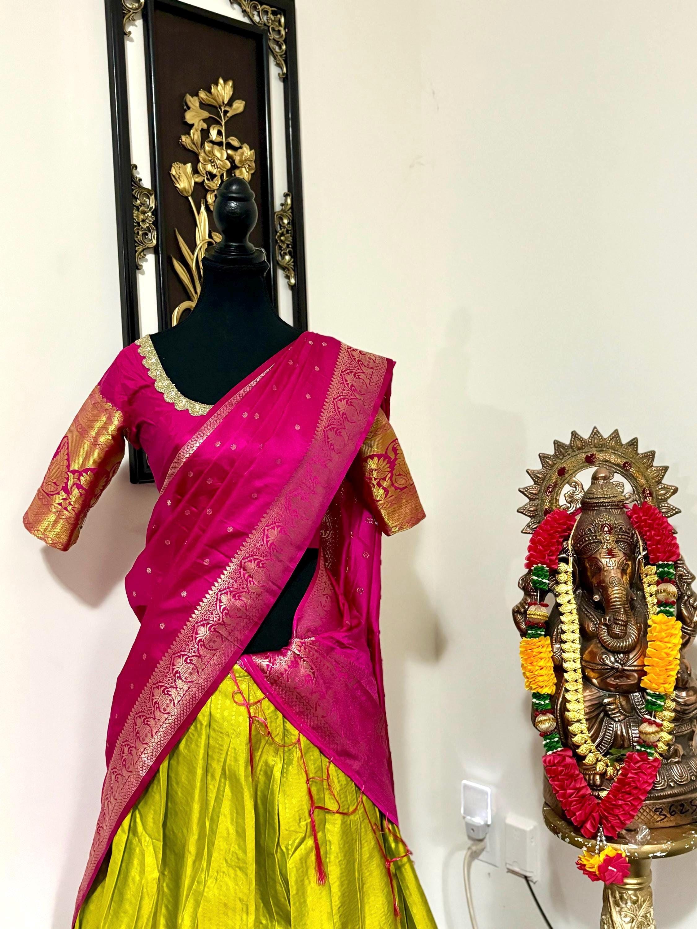 Beautiful colors Kanchi pattu Lihanga with beautiful Kanchi boarder is made of Handloom cloths ready with ready to wear blouse sizes 32 - 48