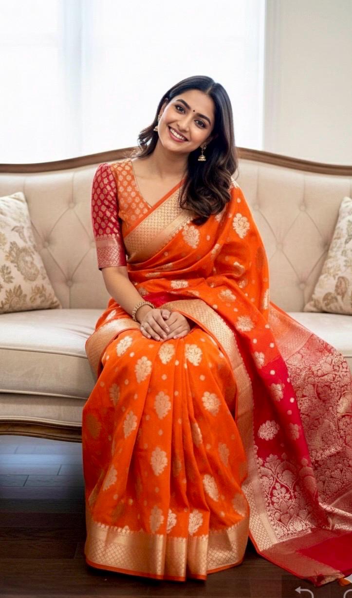 Banarasi dual shade handloom khadi georgette silk saree all over beautiful waterzariweavingbeautifulcombinations,orange and red readyblouse