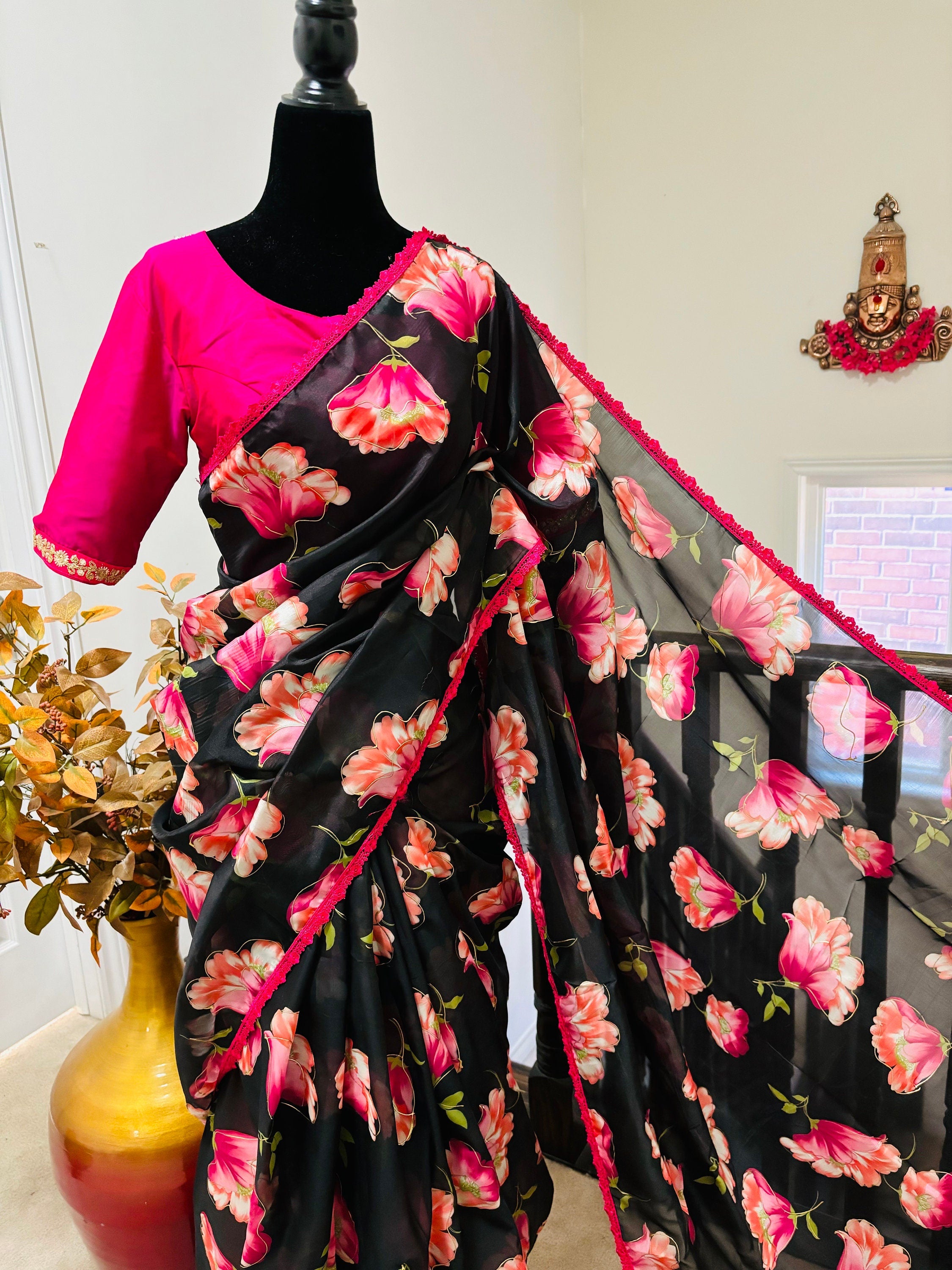 Beautiful Designer floral soft Organza Saree with beautiful lace ready to wear designer blouse fits to 32 to 46