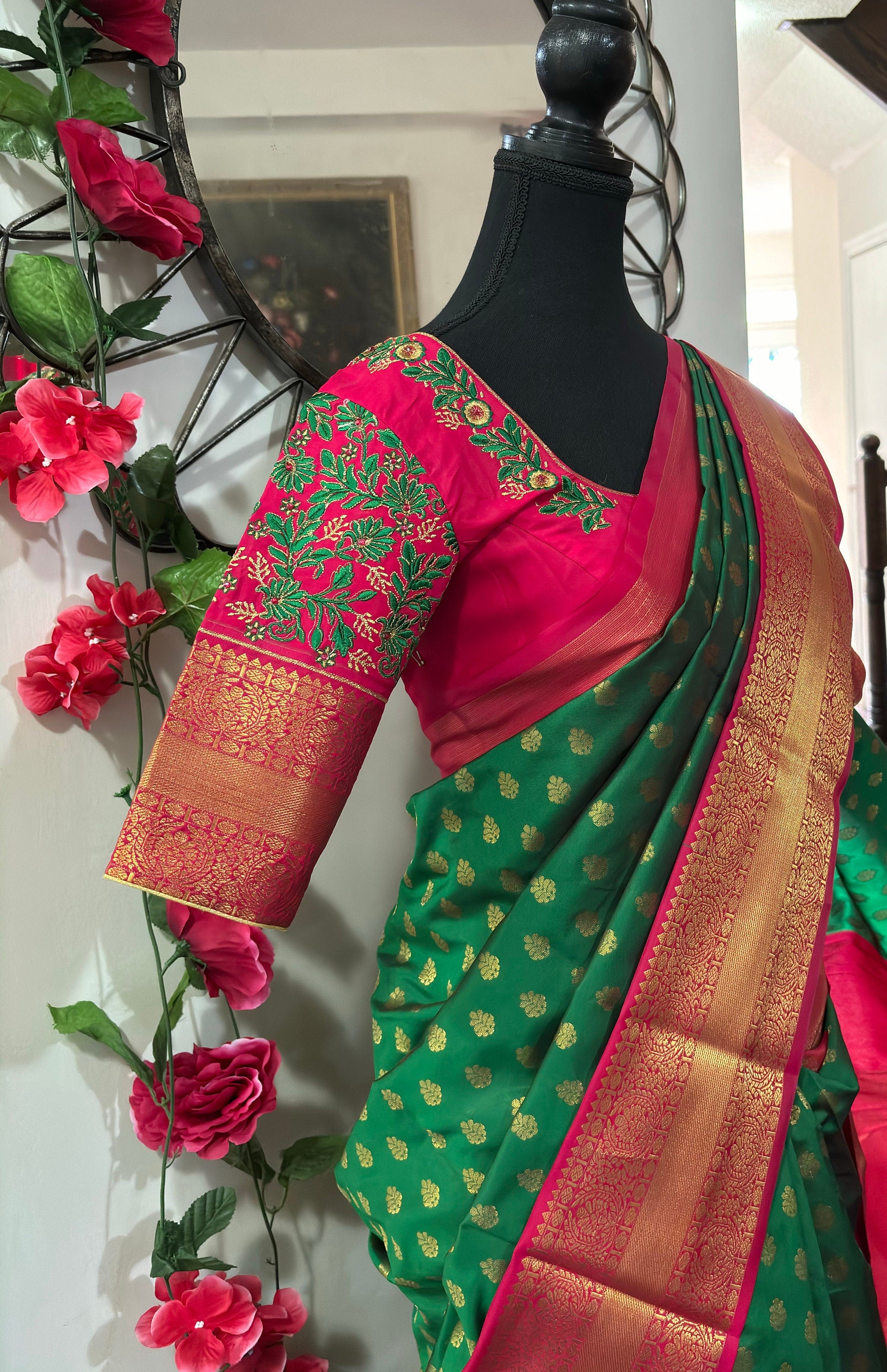 Kanchipuram soft silk saree in rarecolors with beautifully done hand  made embroidered blouse with readytowear work blouse fitsup to32 to 46