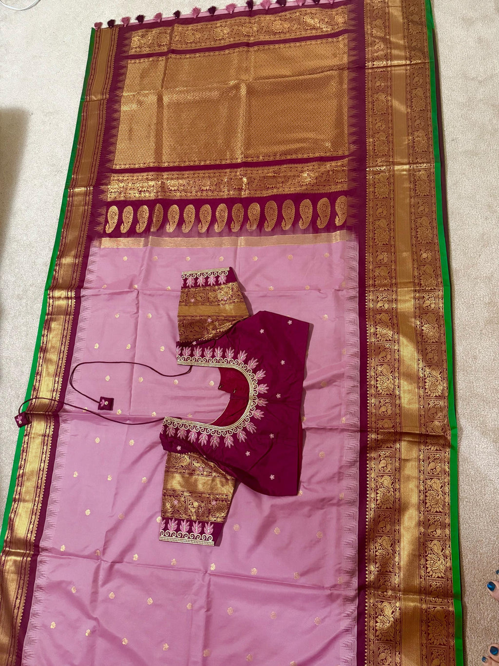 Gadwal Handloom pure silk sarees in rare colors and ready to wear blouse with embroidered blouse fits up to 32 -46 saree is ready fall pico