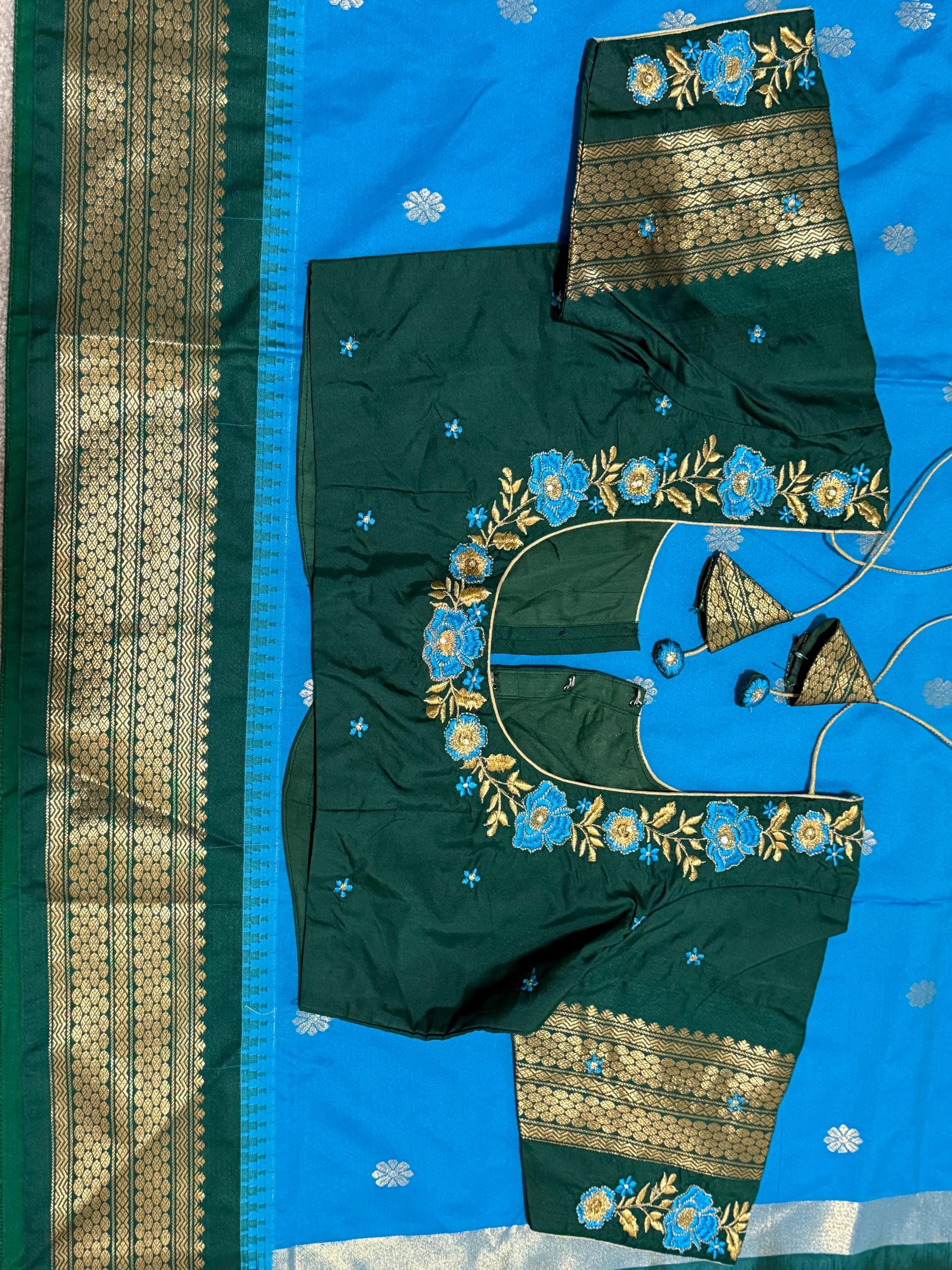Gadwal Handloom pure silk sarees in rare colors and ready to wear blouse with embroidered blouse fits up to 32 -46 saree is ready fall pico
