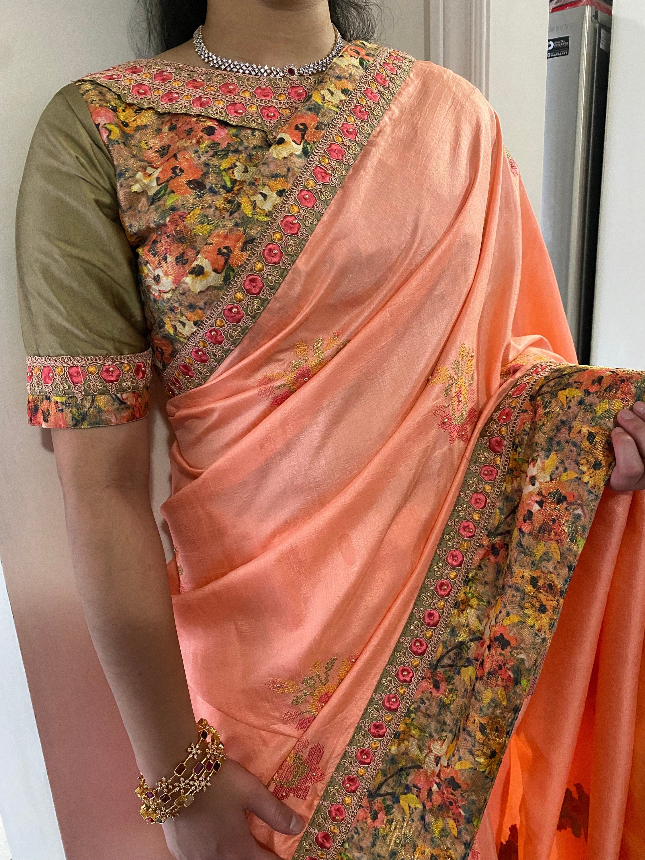 Beautiful Pure Silk Georgette Saree with embroidered blouse and embroidered boarder with ready to wear blouse