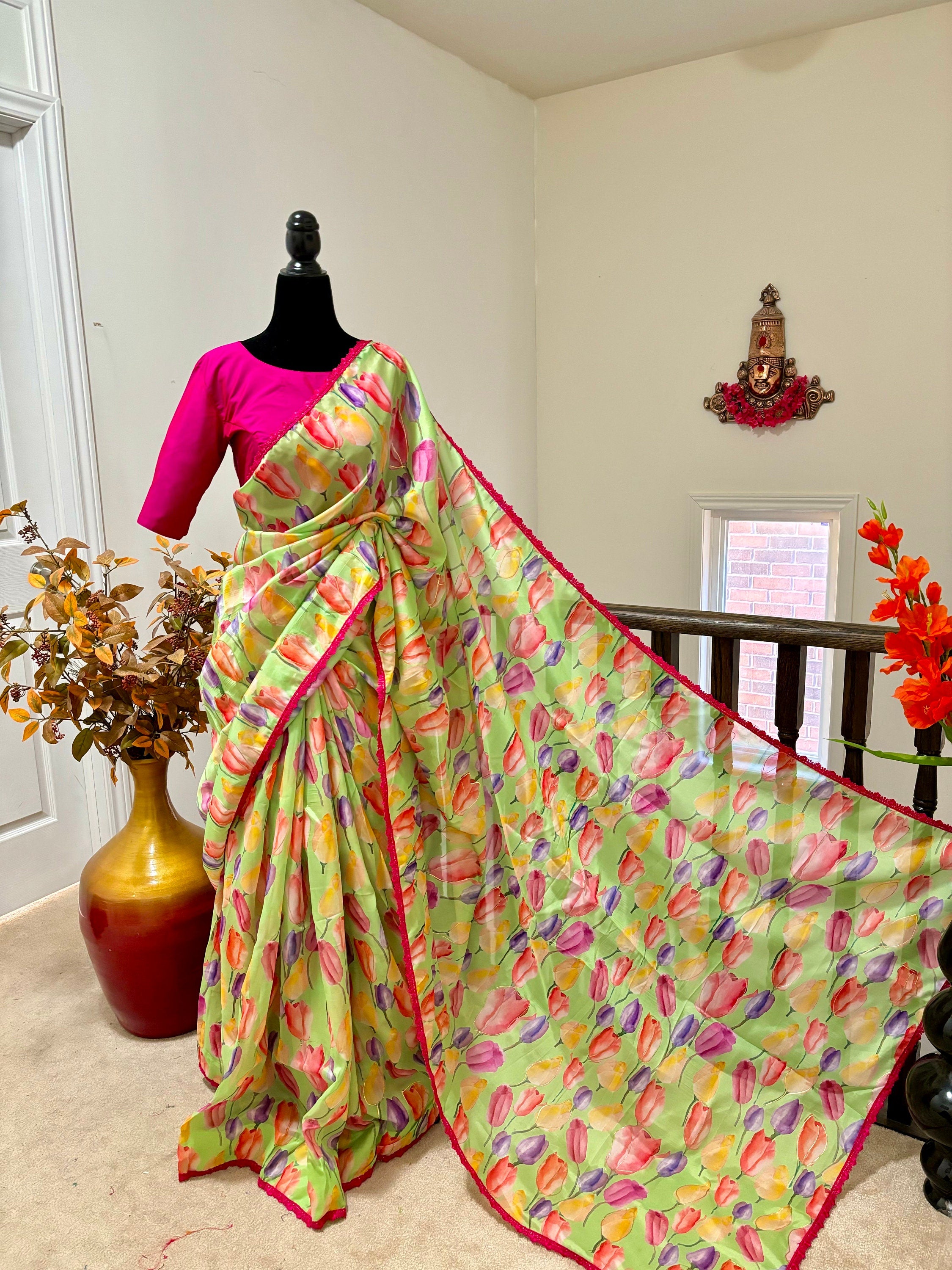 Beautiful Designer floral soft Organza Saree with beautiful lace ready to wear designer blouse fits to 32 to 46