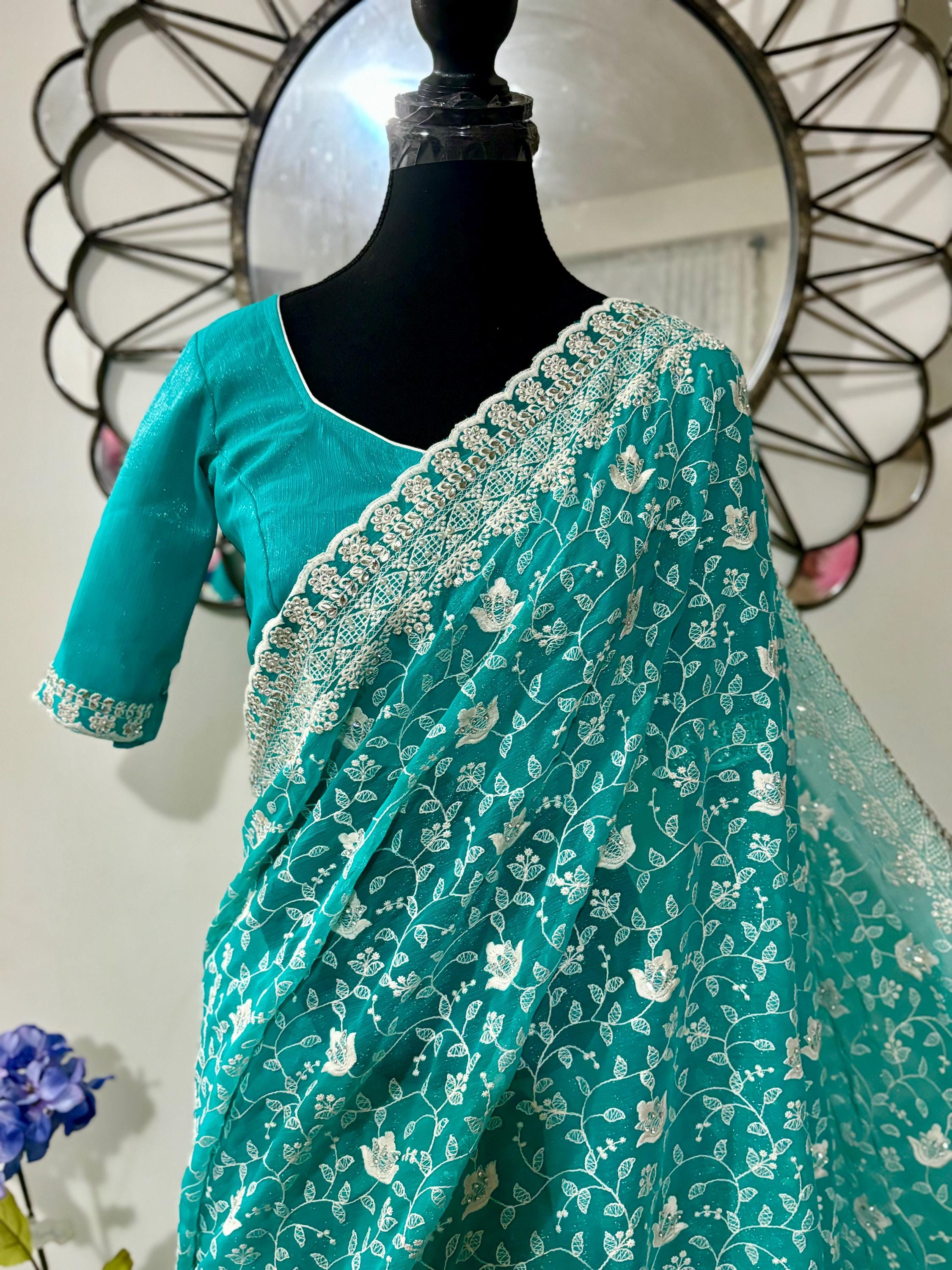 Beautiful shimmer georgett handloom georgette silk saree all over beautiful pearl and thread  weaving and beautiful boarder ready blouse