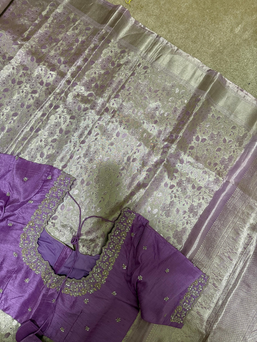 Kanchipuram tissu silk saree in rare colors with beautifully done hand  made embroidered blouse with ready to wear work blouse fits 32 to 46