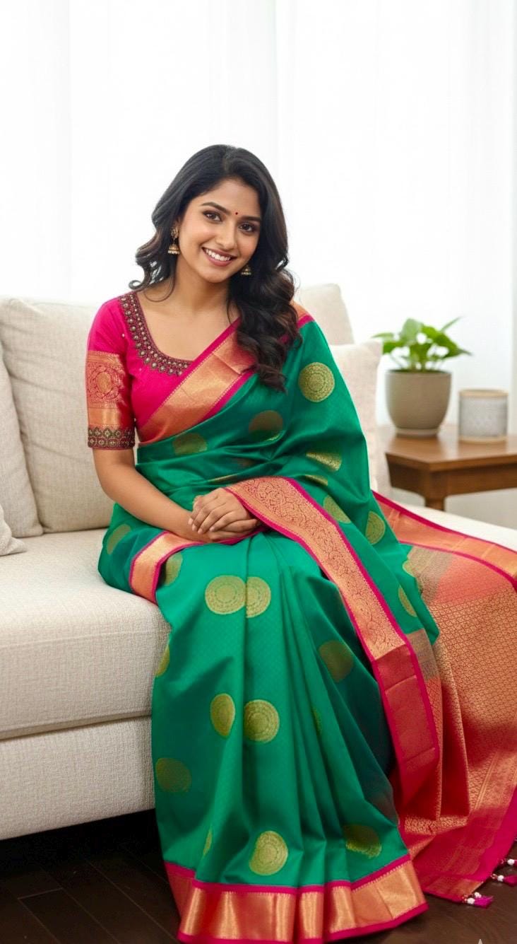 Kanchipuram soft silk saree in rare colors with beautifully done hand  made embroidered blouse with ready to wear work blouse fits 32 to 46