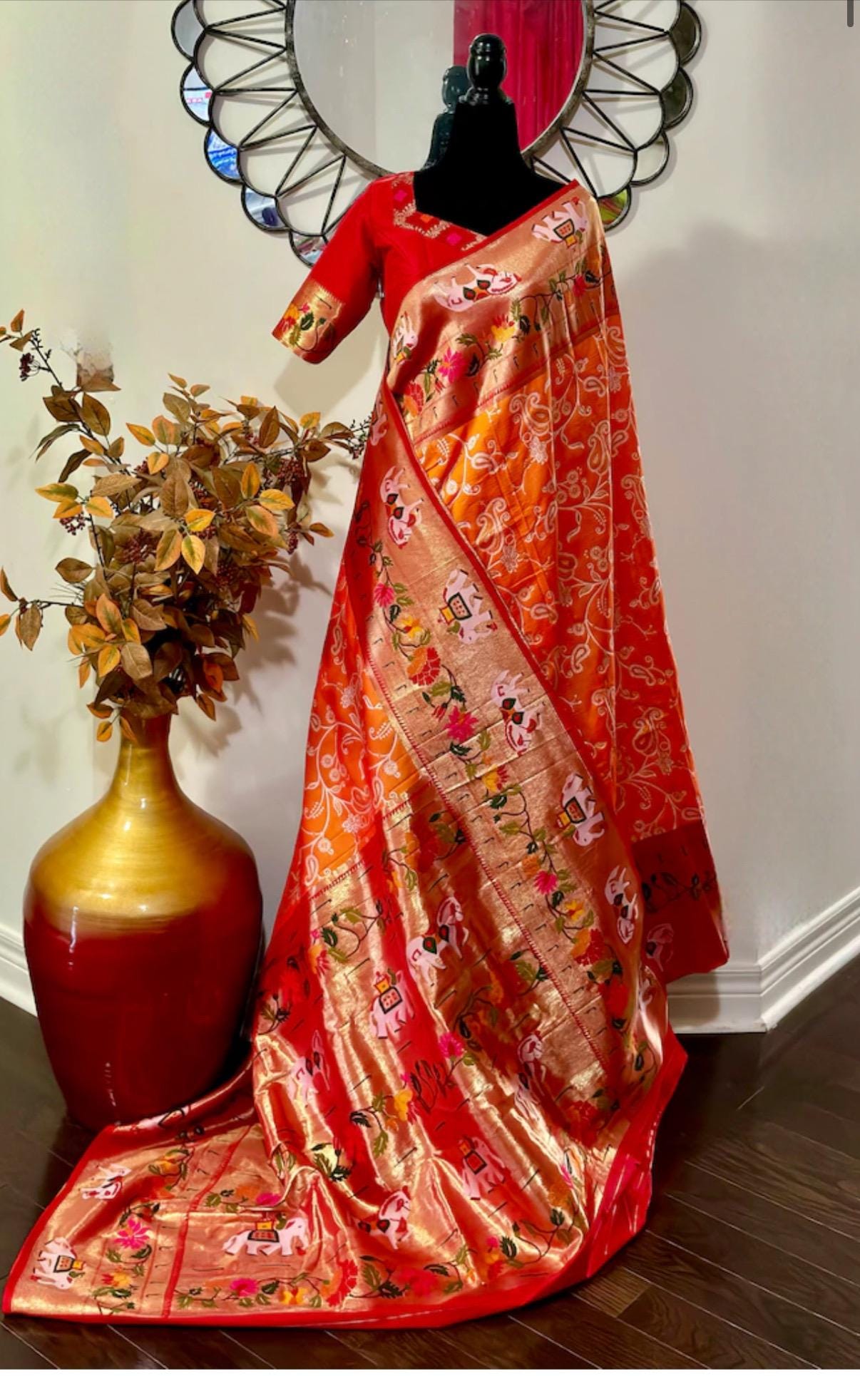 Beautiful Banarasi pythani saree in beautiful color with beautiful boarder and beautiful Pallu. Ready to wear maggam designer blouse 32-46