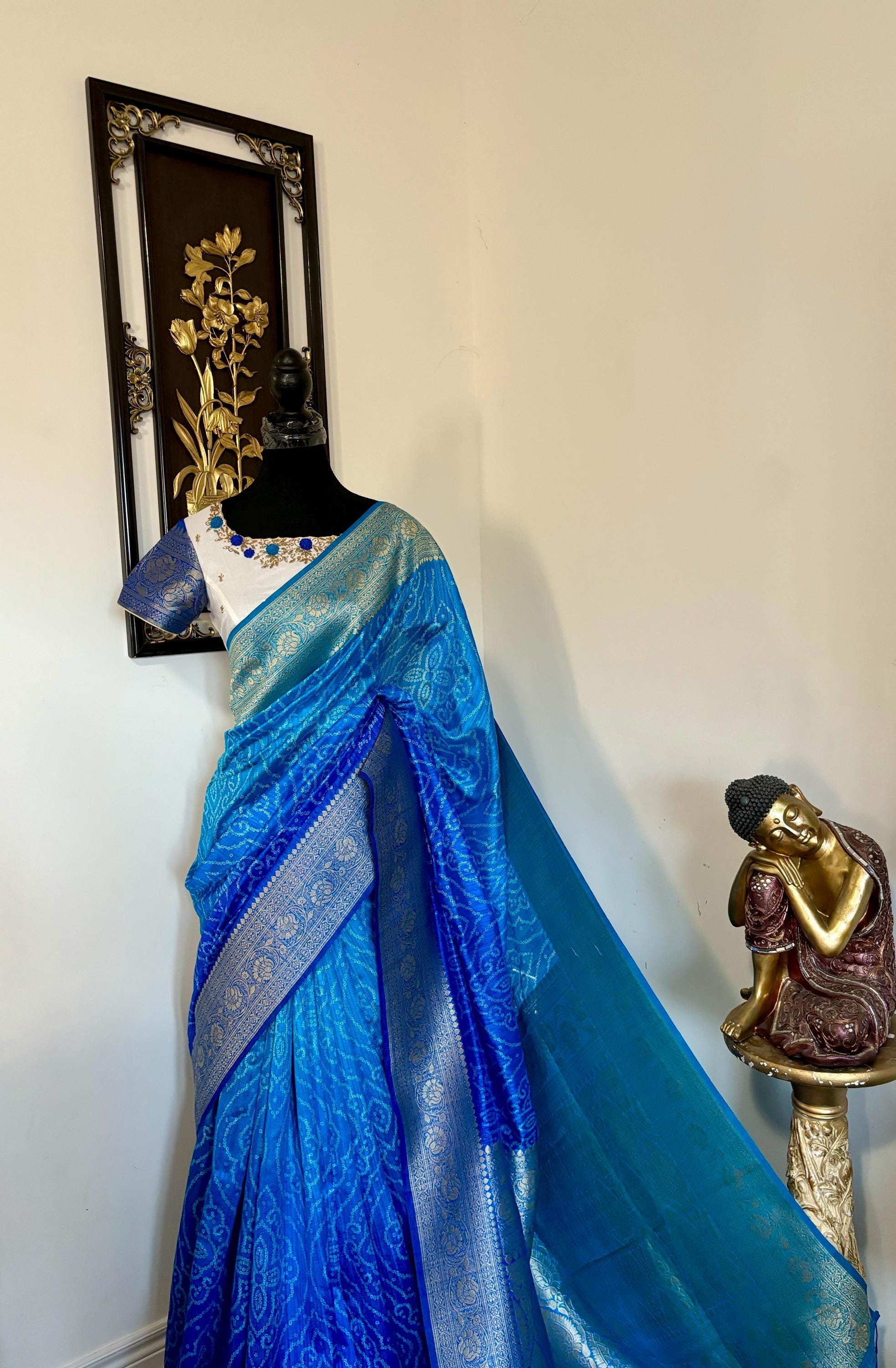 Beautiful cocktail dual shade banarasi  bandhini silk saree paired up pretty maggam blouse fits  sizes 32 -46 ready to wear prettiest blouse