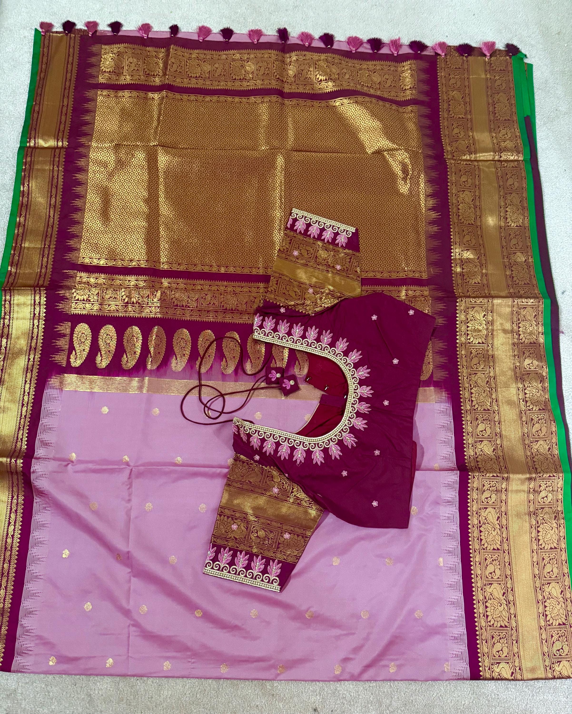 Gadwal Handloom pure silk sarees in rare colors and ready to wear blouse with embroidered blouse fits up to 32 -46 saree is ready fall pico