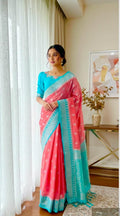 Beautiful banarasi saree paired up with pretty maggam work blouse fits to 32 to 46 awesome colors